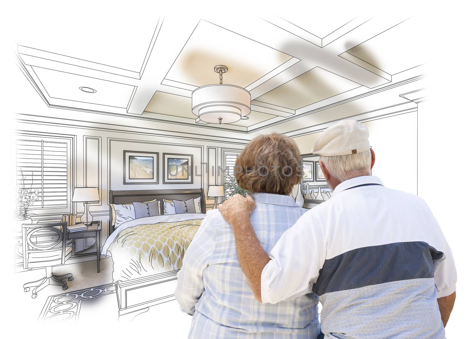 Curious Senior Couple Looking Over Custom Bedroom Design Drawing Photo Combination.