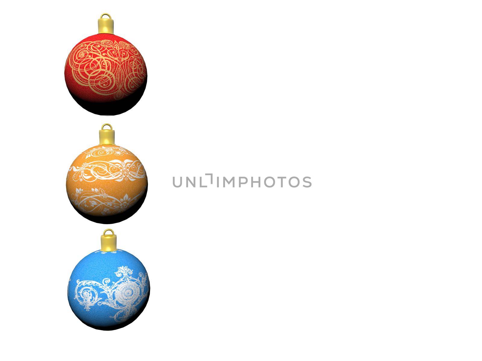 Three Christmas baubles of different colors 