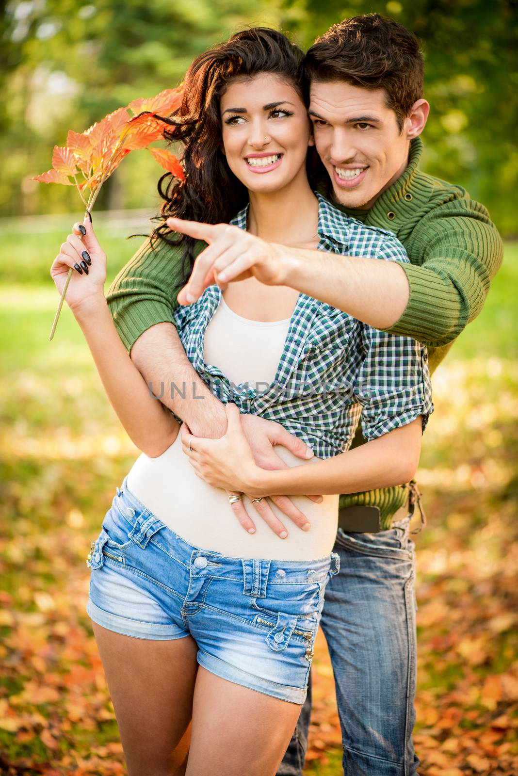 Young couple embraced in the park outstretched fingers of the hand pointing to something, while the girl carries in her hand a sprig of autumn leaves.