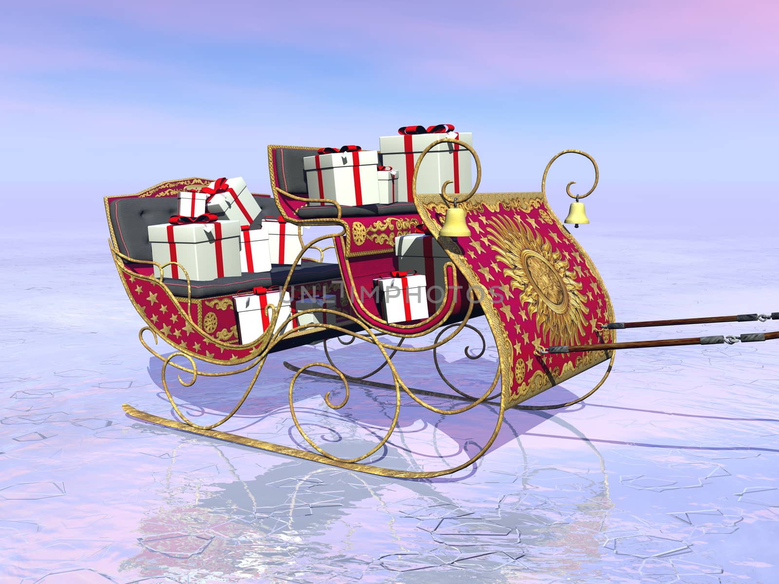 Christmas Santa sleigh full of gifts by sunset - 3D render