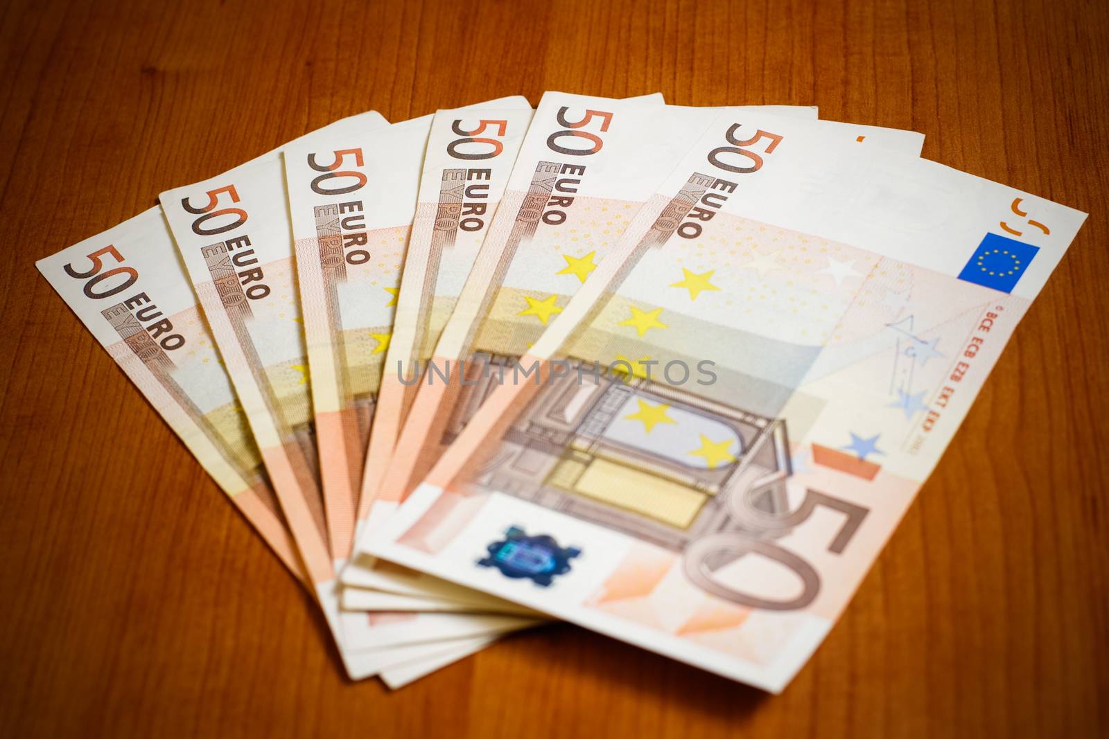 Close-up of fan of 50 euro banknotes