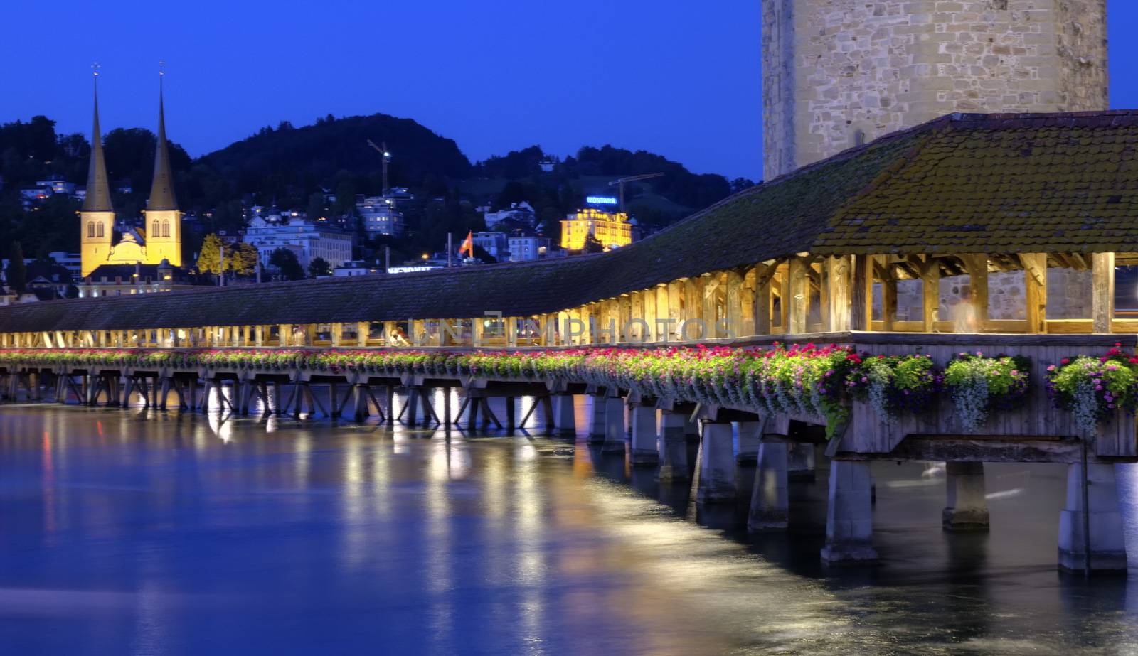 Chapel bridge or Kapellbrucke by night, Lucerne, Switzerland