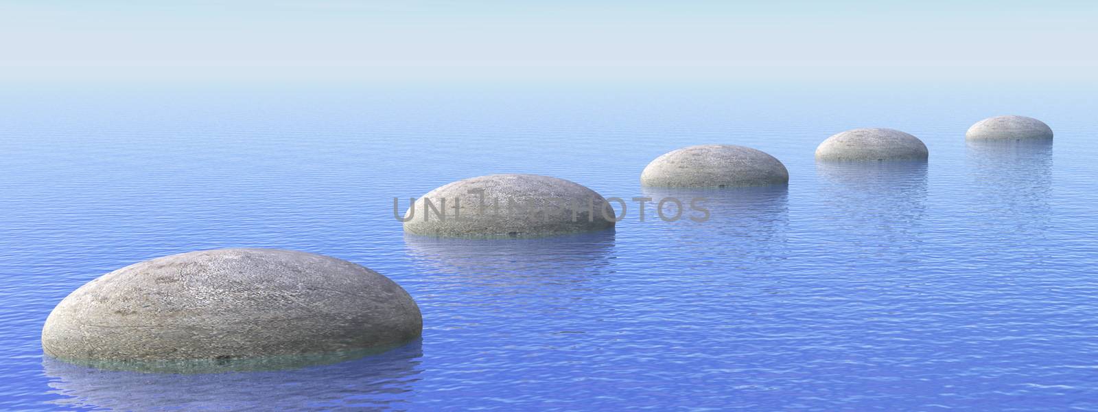 Grey stones steps upon the ocean by blue day - 3D render