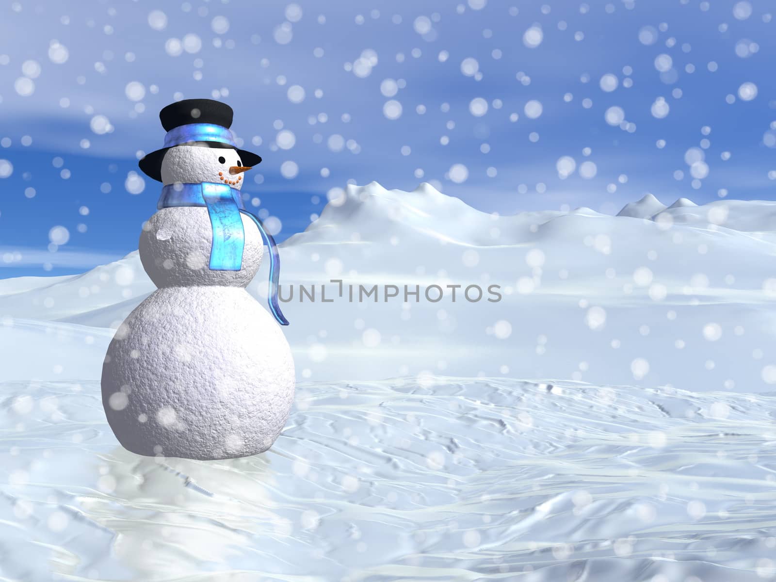 Snowman standing in the snow by winter blue day - 3D render