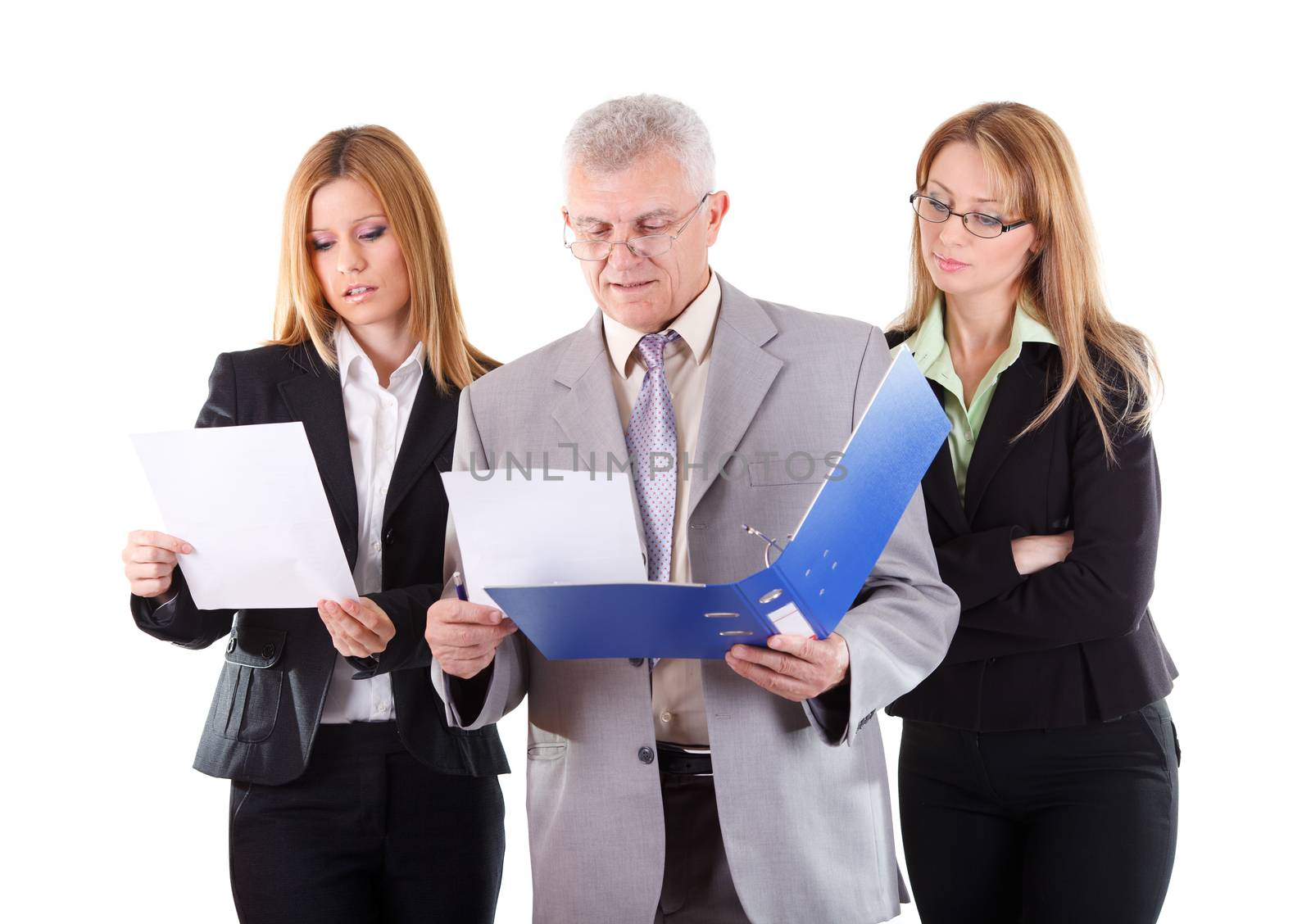 successful business people standing and discussing finances/ Senior man with young women