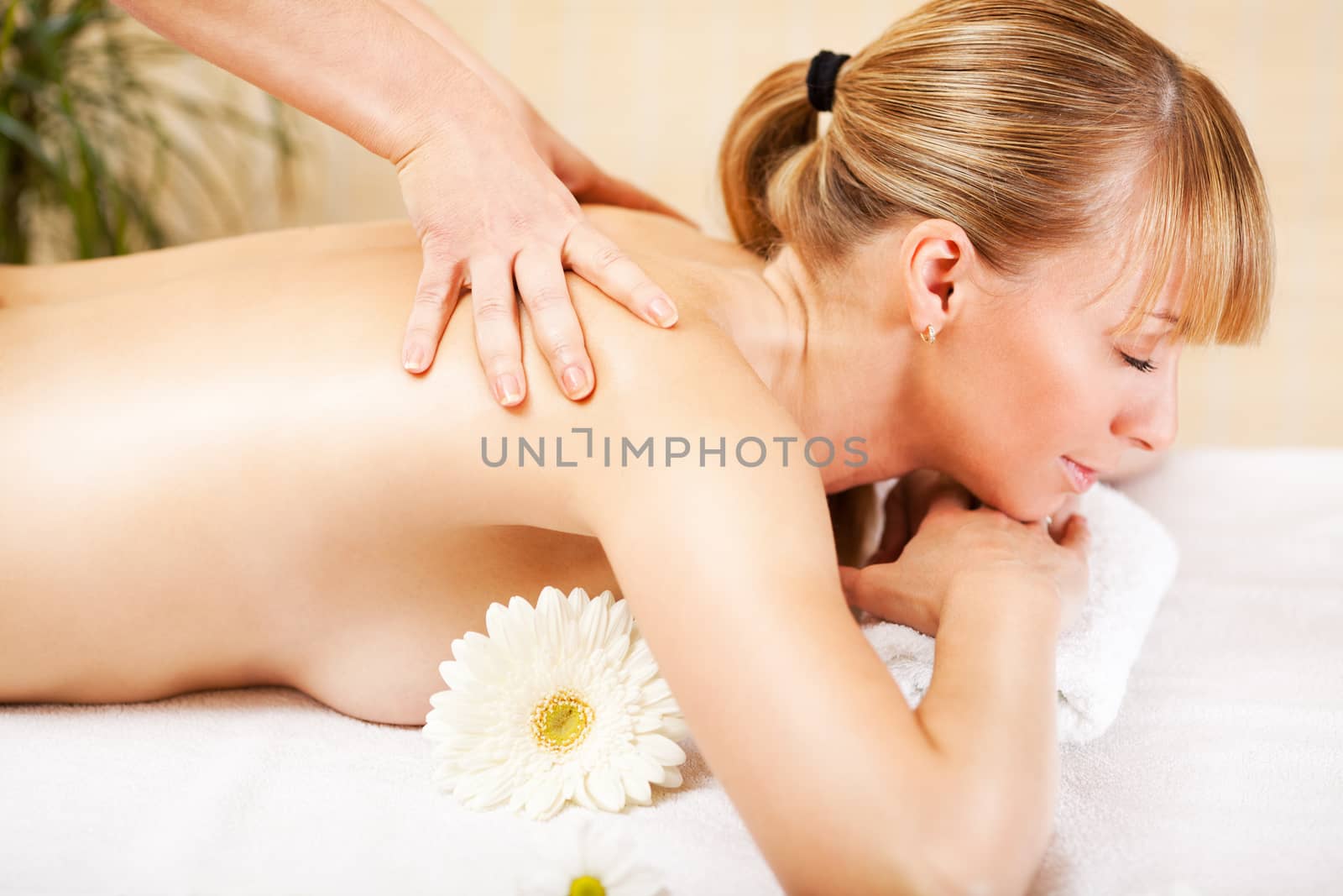 Young beautiful woman receiving back massage at the spa center