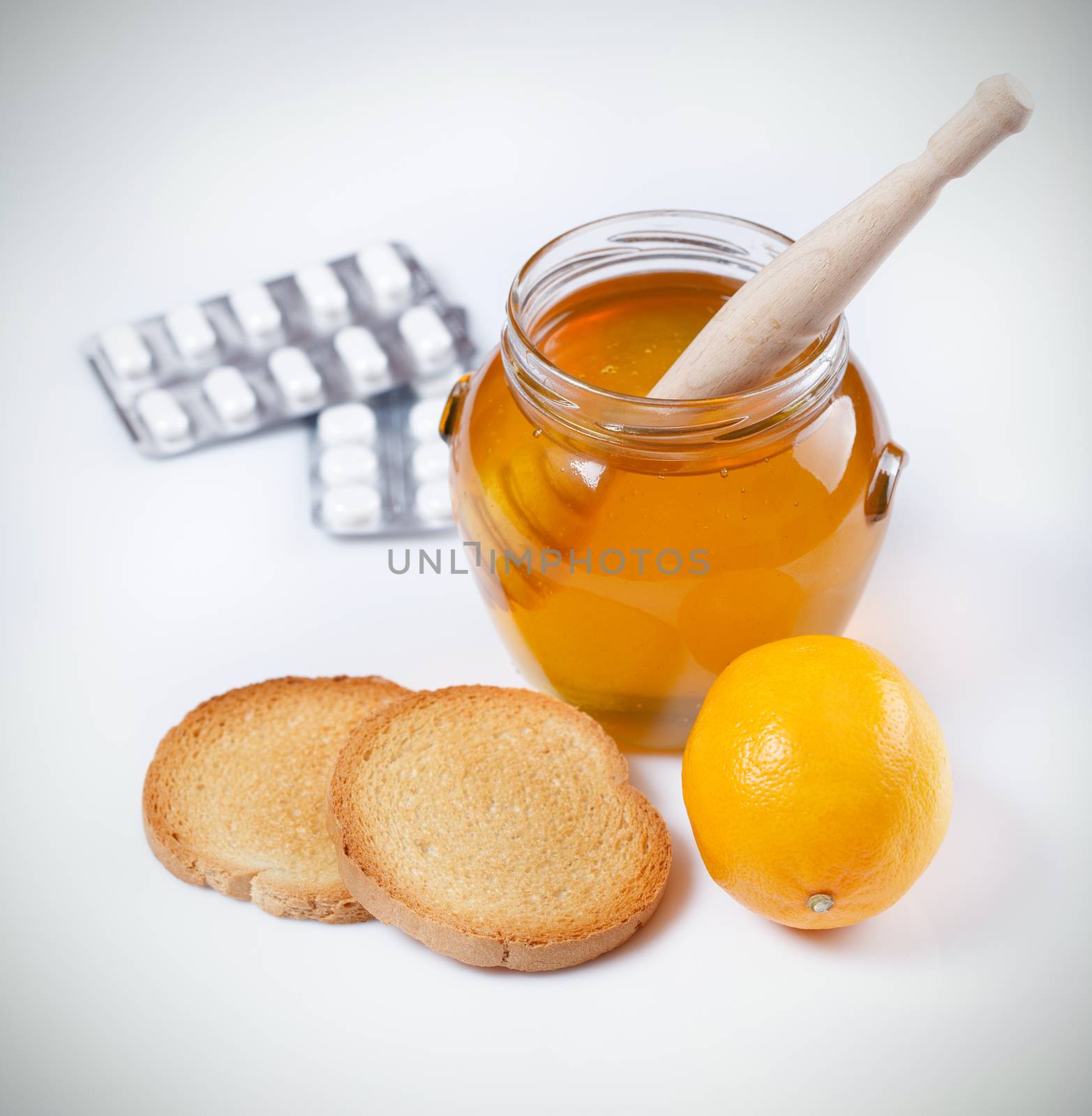 Honey, tea, lemon and medicine, Flu concept