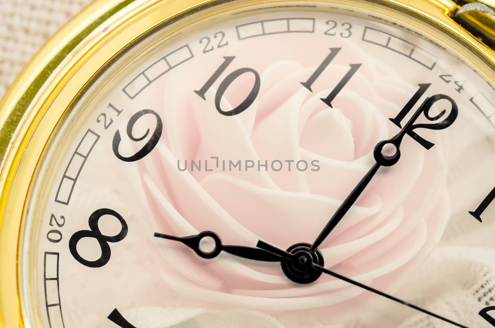 Composite of pink Roses and Clock. Love concept.