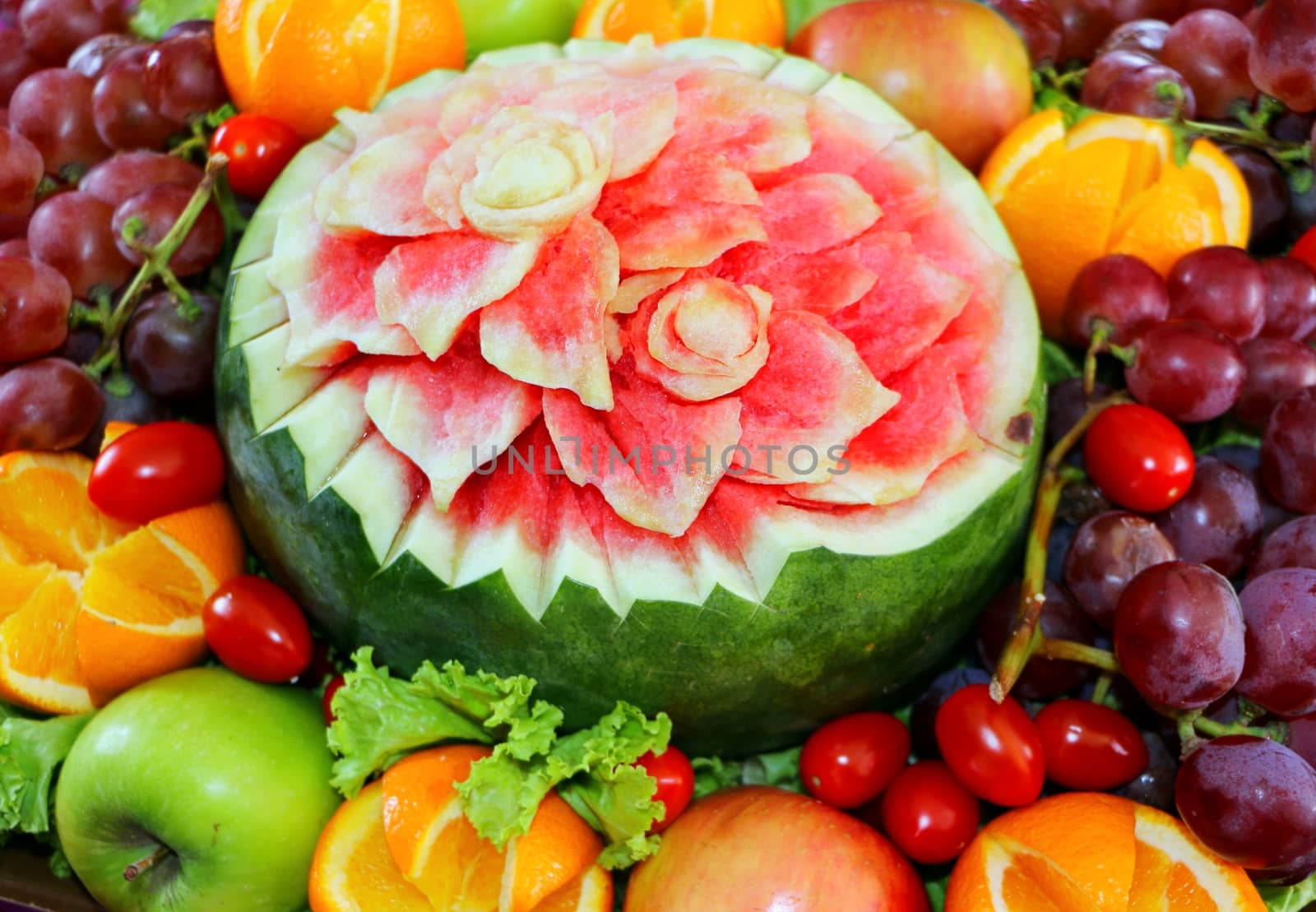 Watermelon fruit carved flower shape and fruits by razihusin