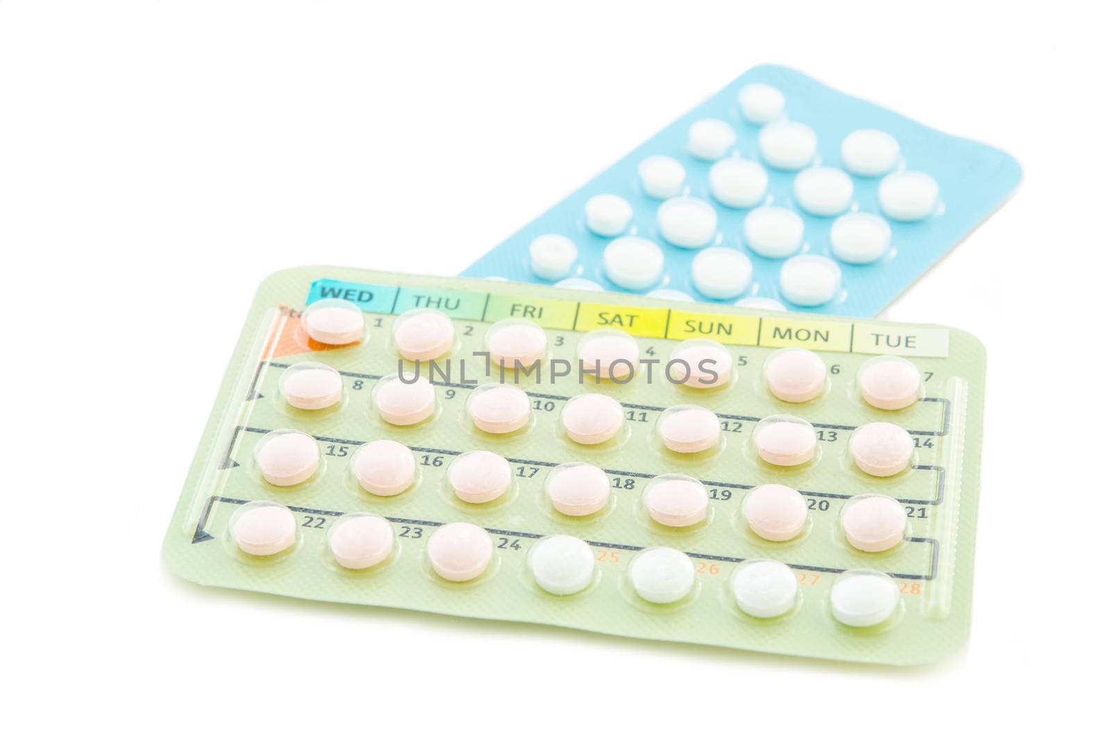 Contraceptive pill or Birth control pill with English Instructions Isolated on white background