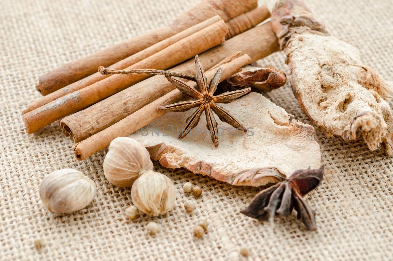 Anise, cardamom, nutmeg and cinnamon sticks on a white background. Spices.