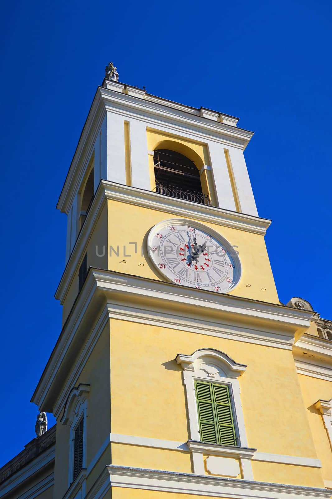 Colorno,Italy, 8 november 2015.Clock tower of the ducal palace of Colorno(province of Parma),Italy.It was built by Francesco Farnese, Duke of Parma in the early 18th century.After the Congress of Vienna, the duchy of Parma went to Marie Louise, Napoleon's wife, who made the Reggia her favourite residence and created a wide English-style garden.