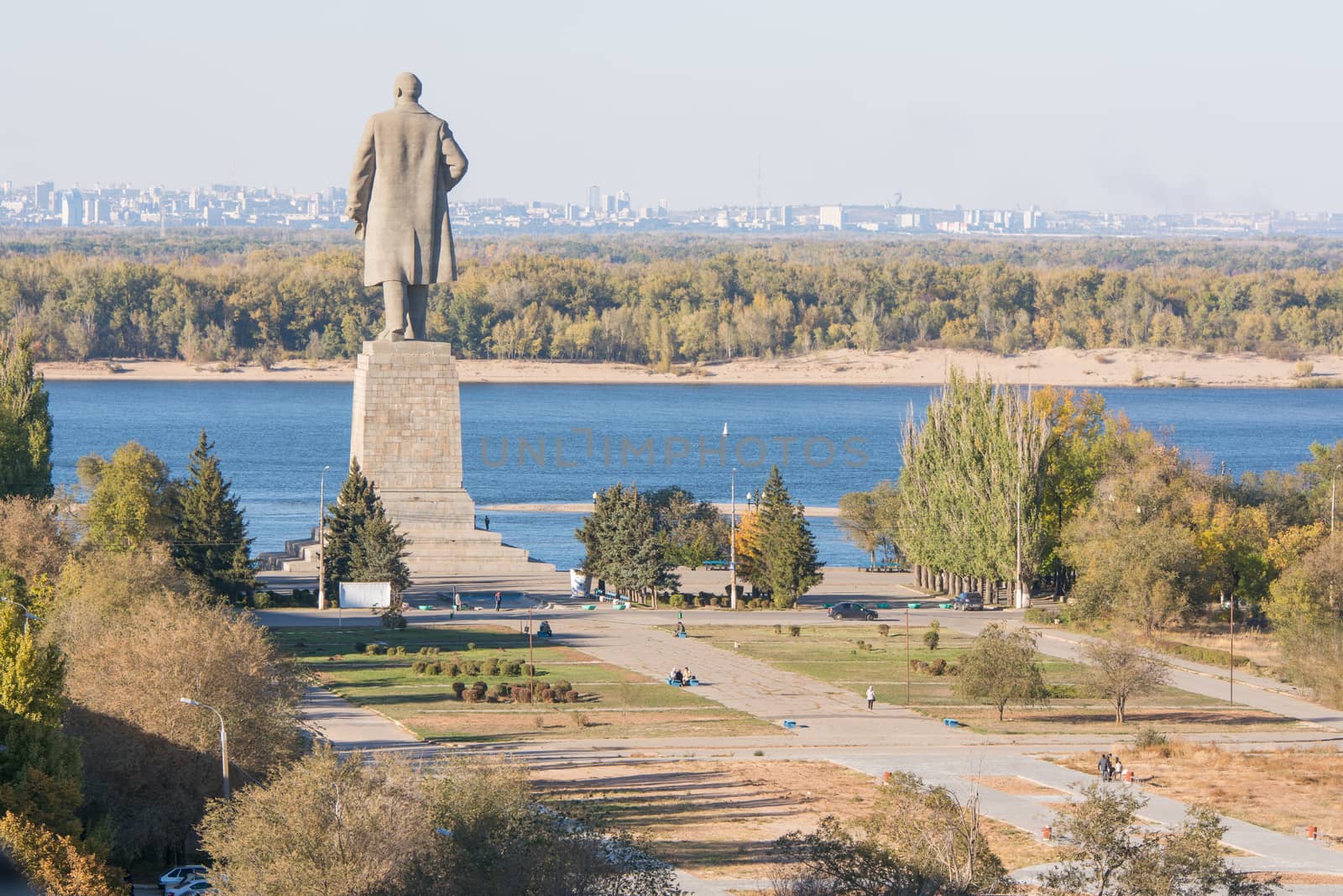 Volgograd, Russia - October 13, 2015: Aerial view of the alley leading to the central promenade and a huge statue of Lenin in the Krasnoarmeysk district of Volgograd