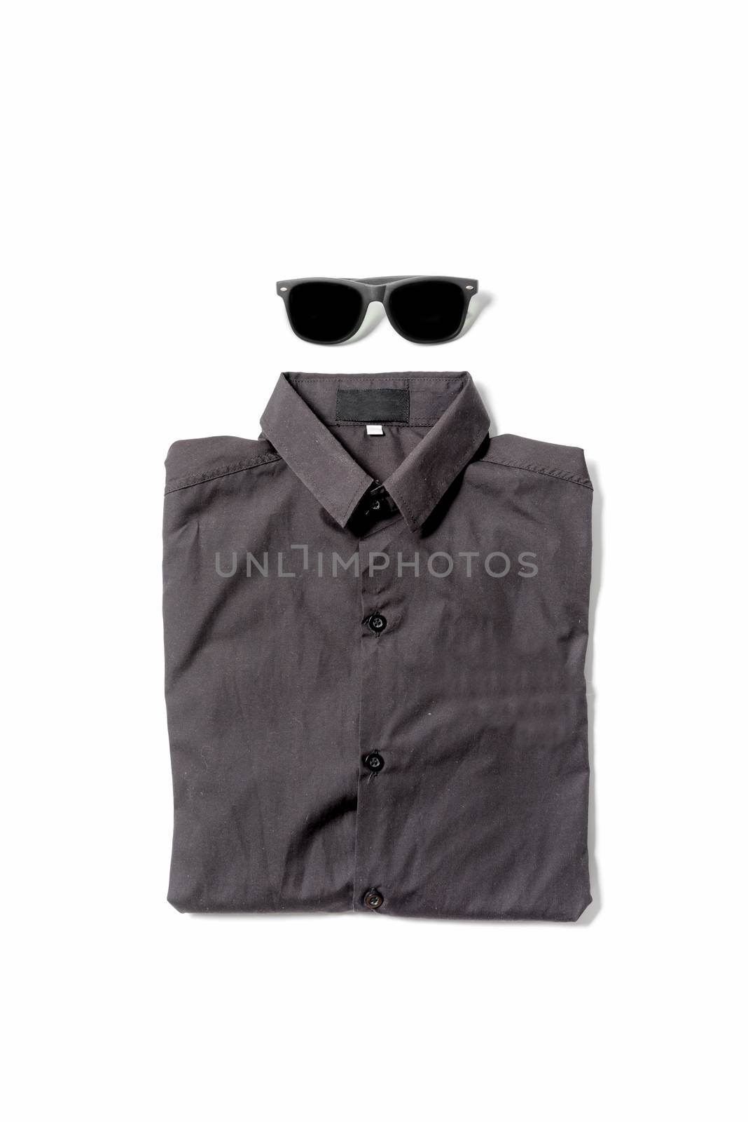 black shirt and sunglasses isolated on white background