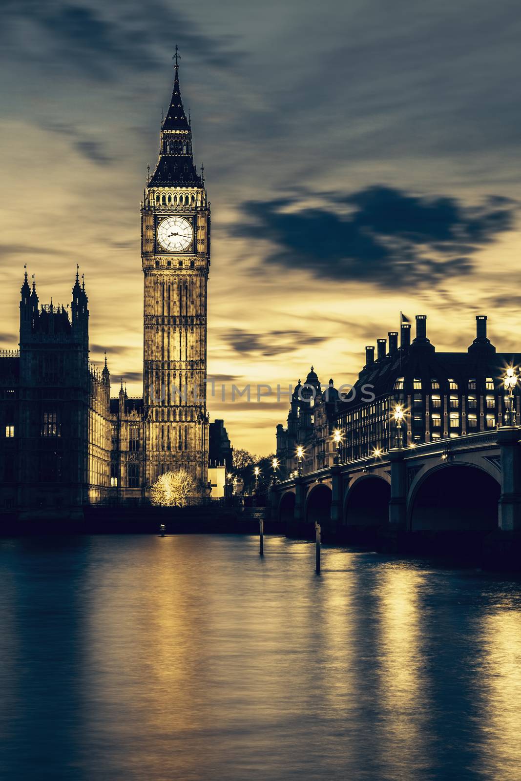 Big Ben clock tower in London at sunset, special photographic processing.