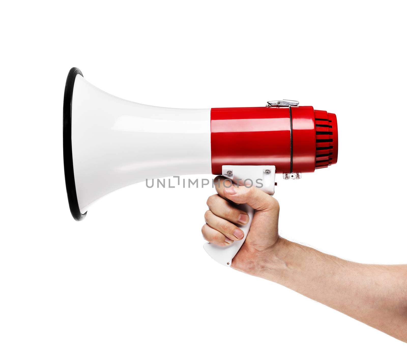 Man holding a white and red megaphone in his hand.
