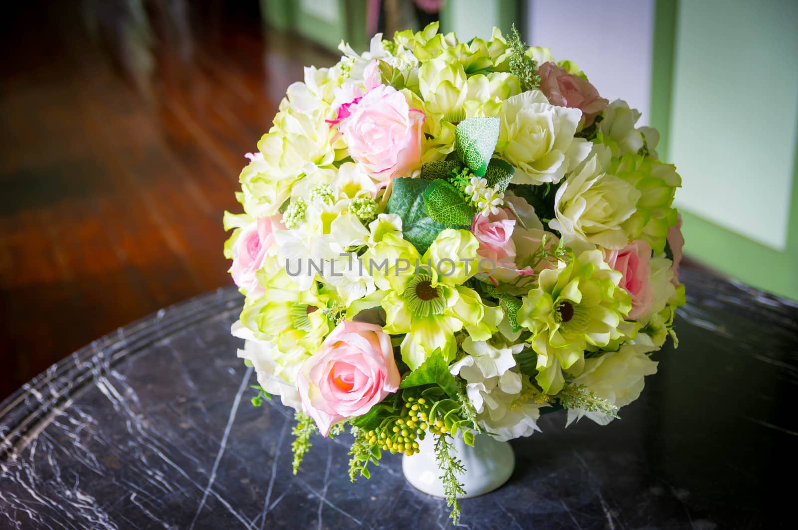 Fabric inlaid flowers on the table.