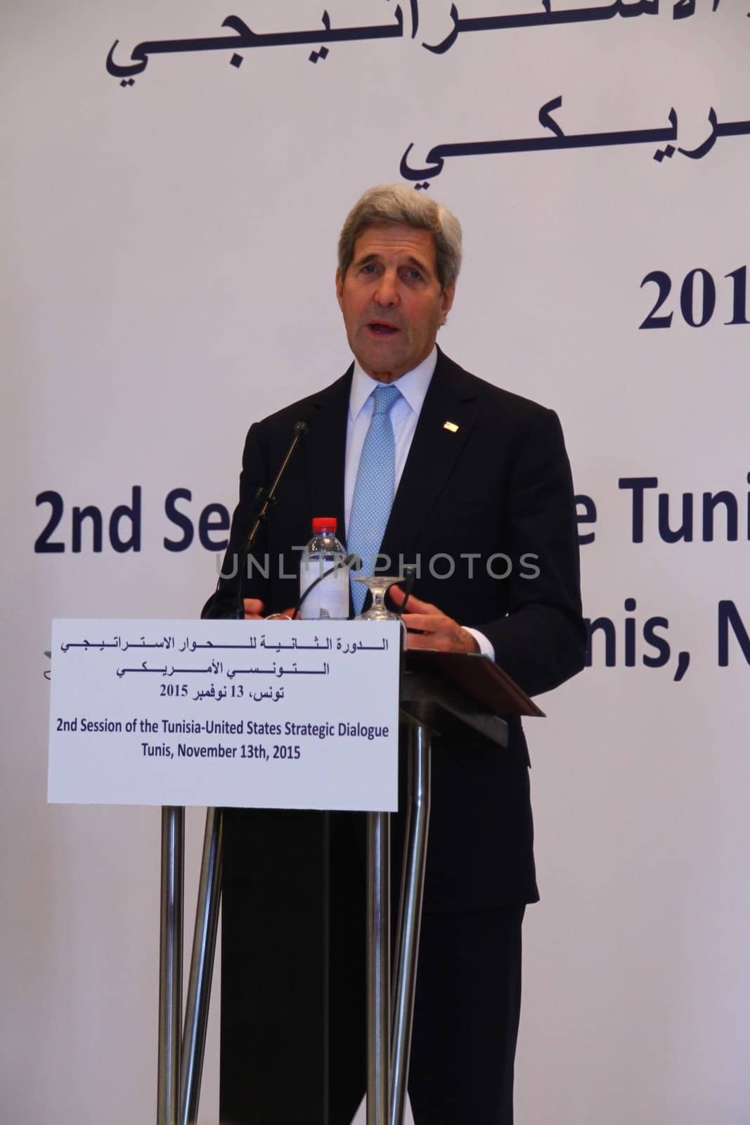 TUNISIA, Tunis: US Secretary of State John Kerry speaks at the second US-Tunisia Strategic Dialogue in Tunis, Tunisia on November 13, 2015. Conversations center on the continued economic and political growth of Tunisia � the one Middle Eastern nation to successfully transition out of the Arab Spring and into democracy.