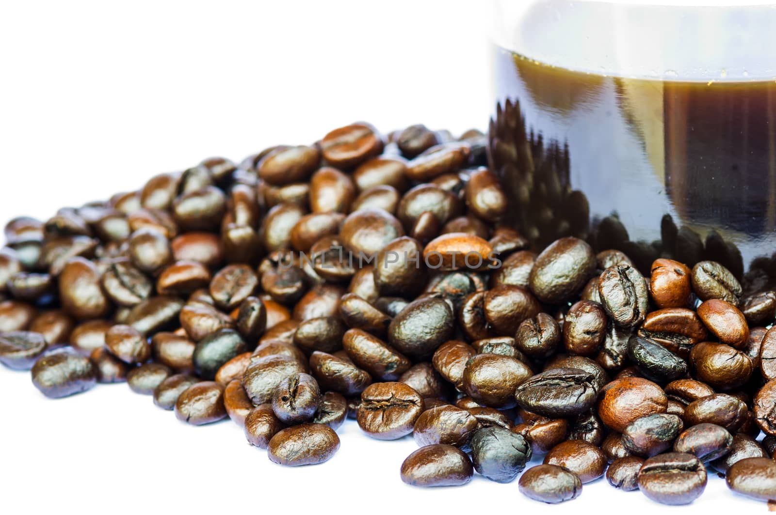 coffee beans and coffee cup isolated on white background.