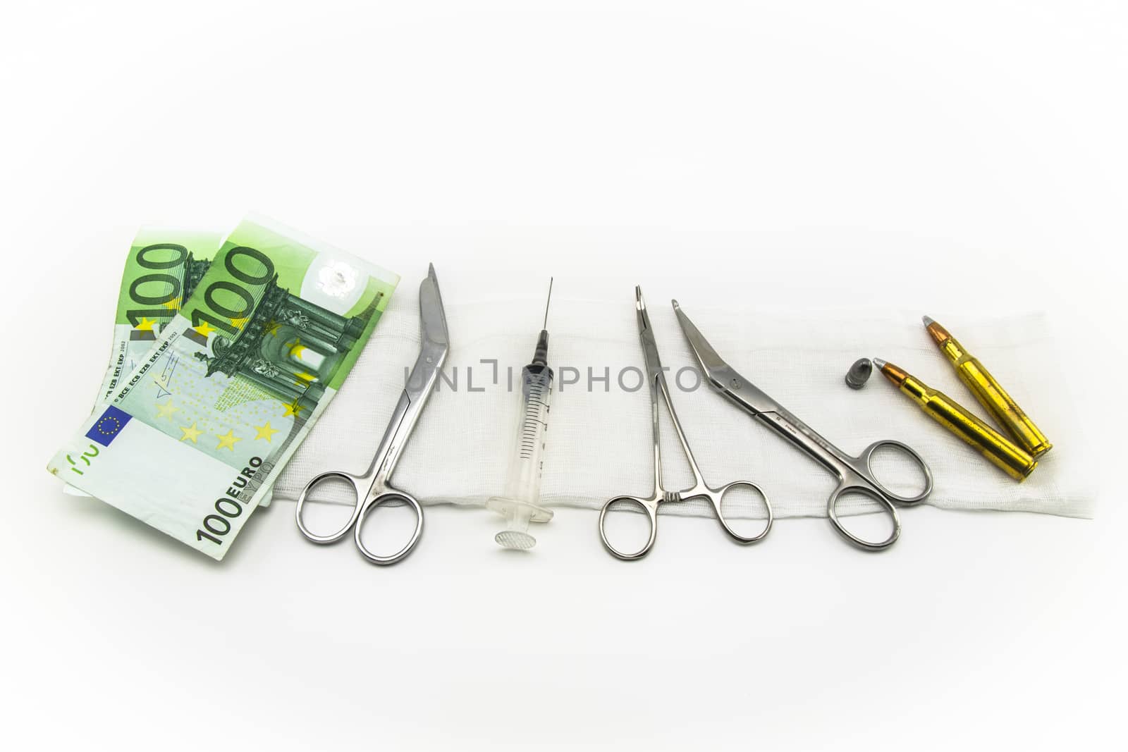 surgical instruments, syringe, ammunitions, money