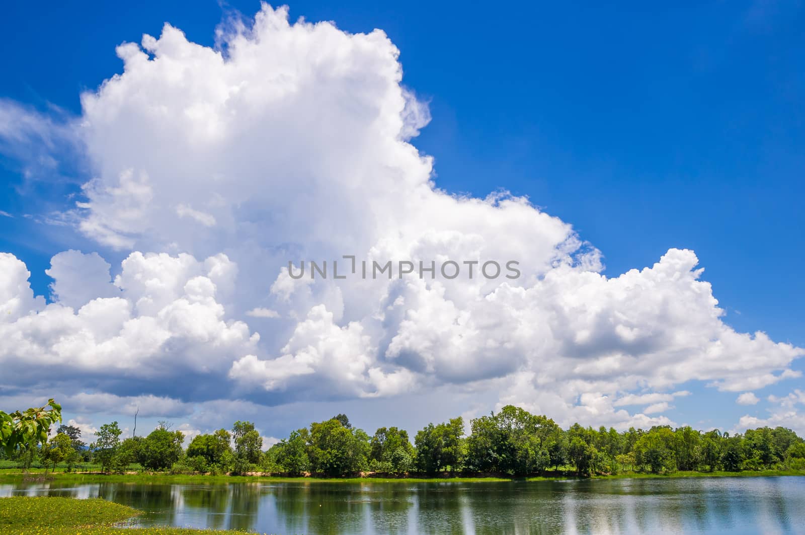 River with green meadows around and blue sky with cloudy.