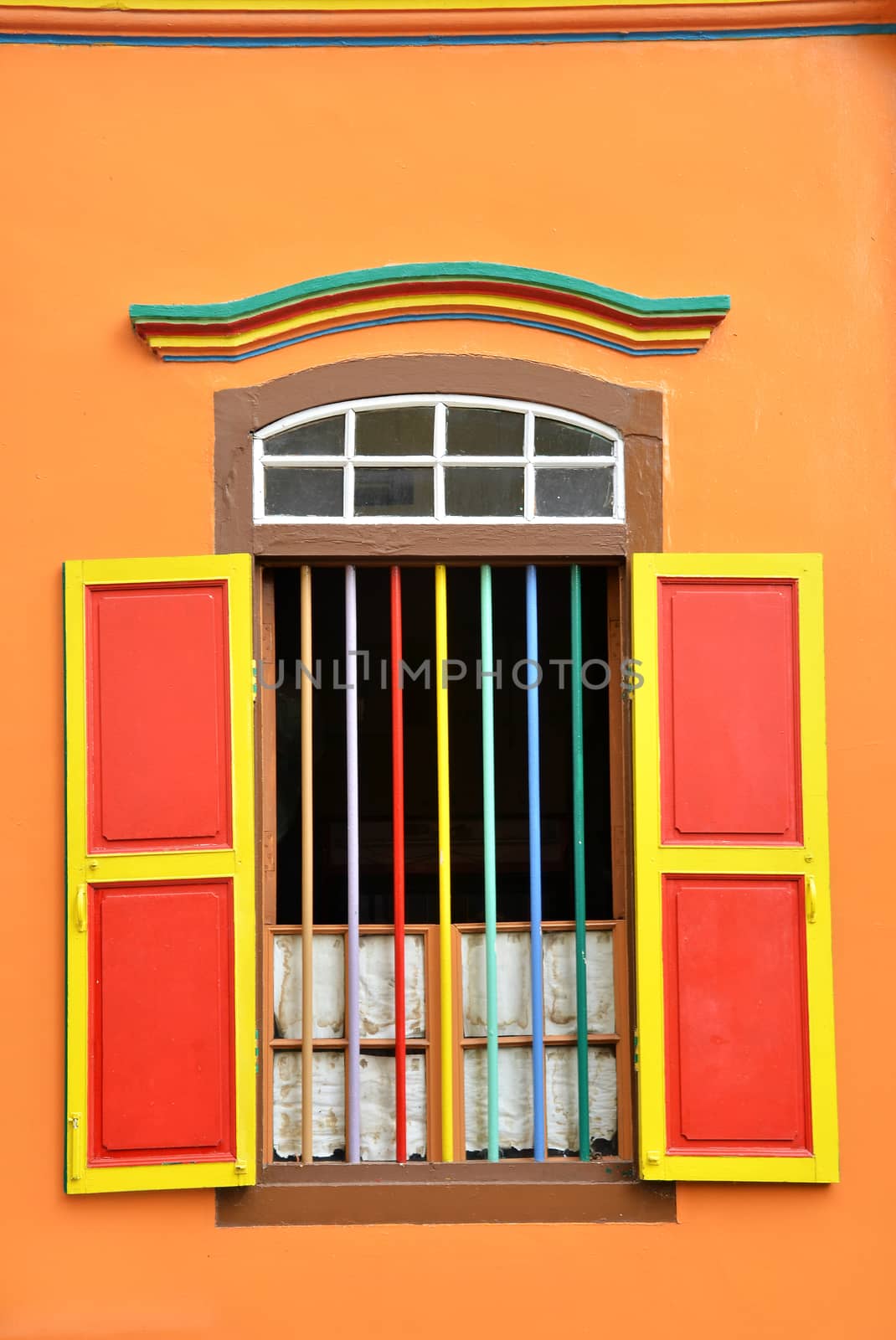 Colorful windows and details on a colonial house in Little India, Singapore