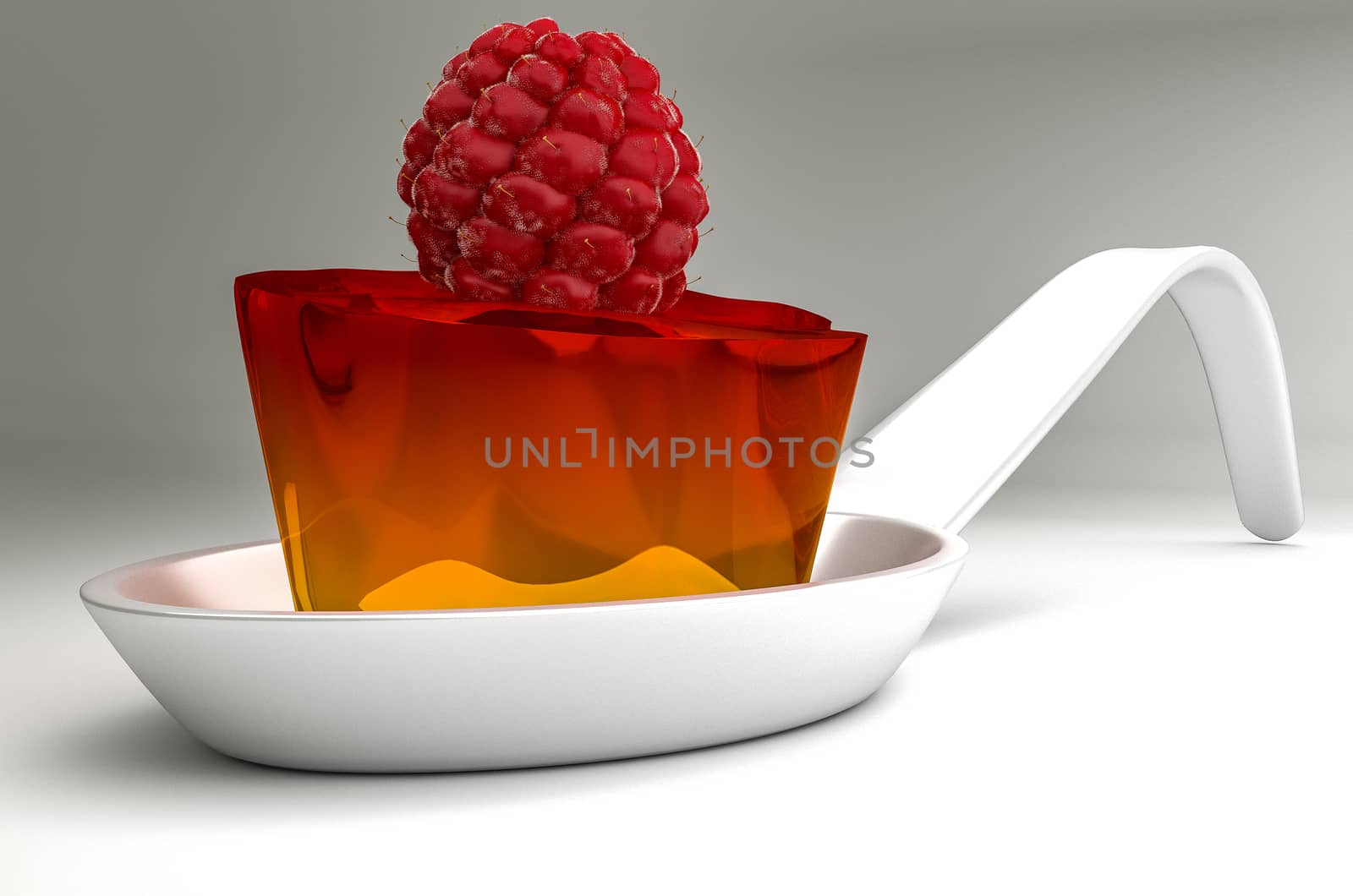 china spoon with gradient jelly from red to yellow and raspberry on the top as decoration