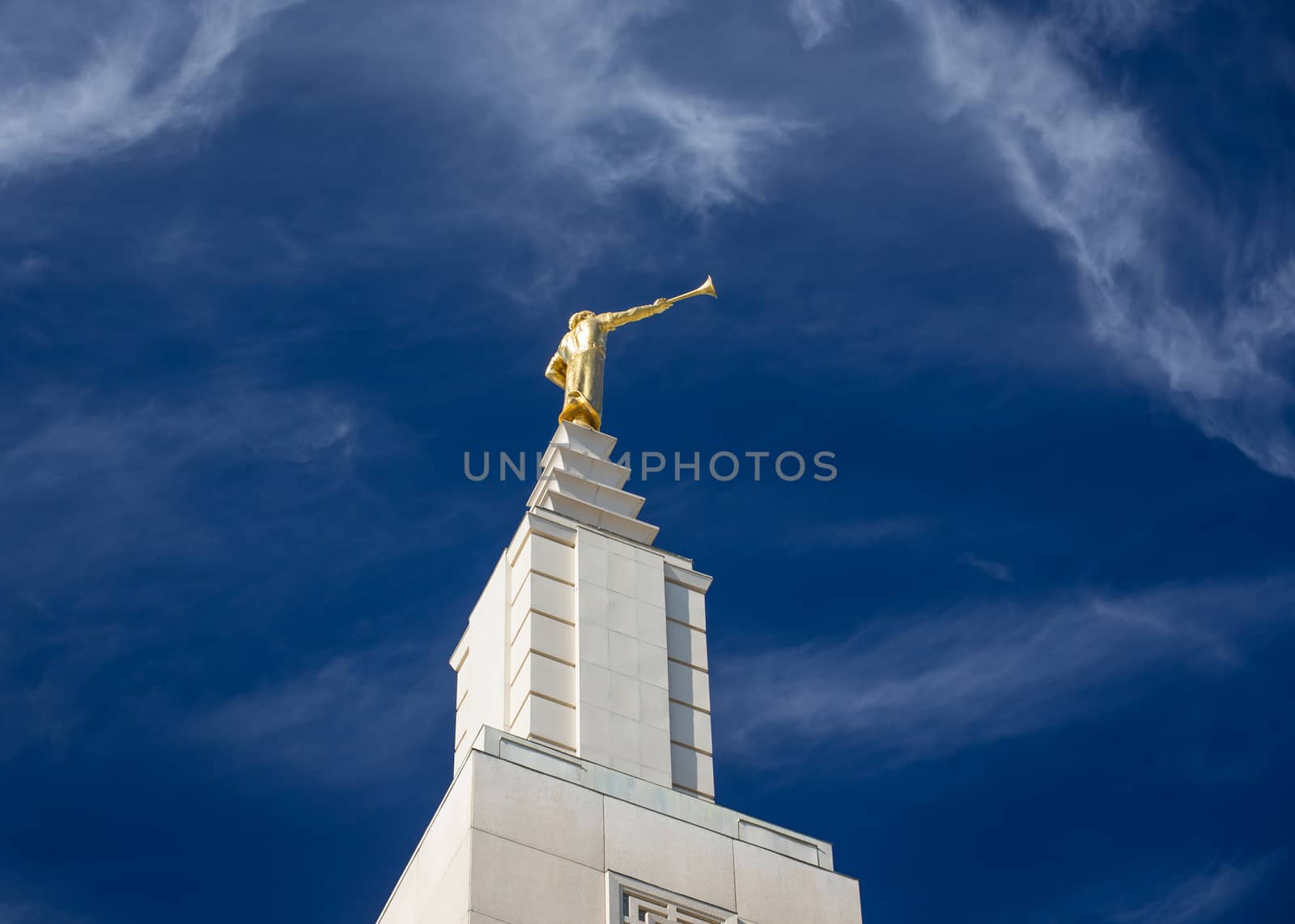 SANTA MONICA, CA/USA - NOVEMBER 8, 2015: Angel Moroni statue at the top of the Los Angeles California Temple.