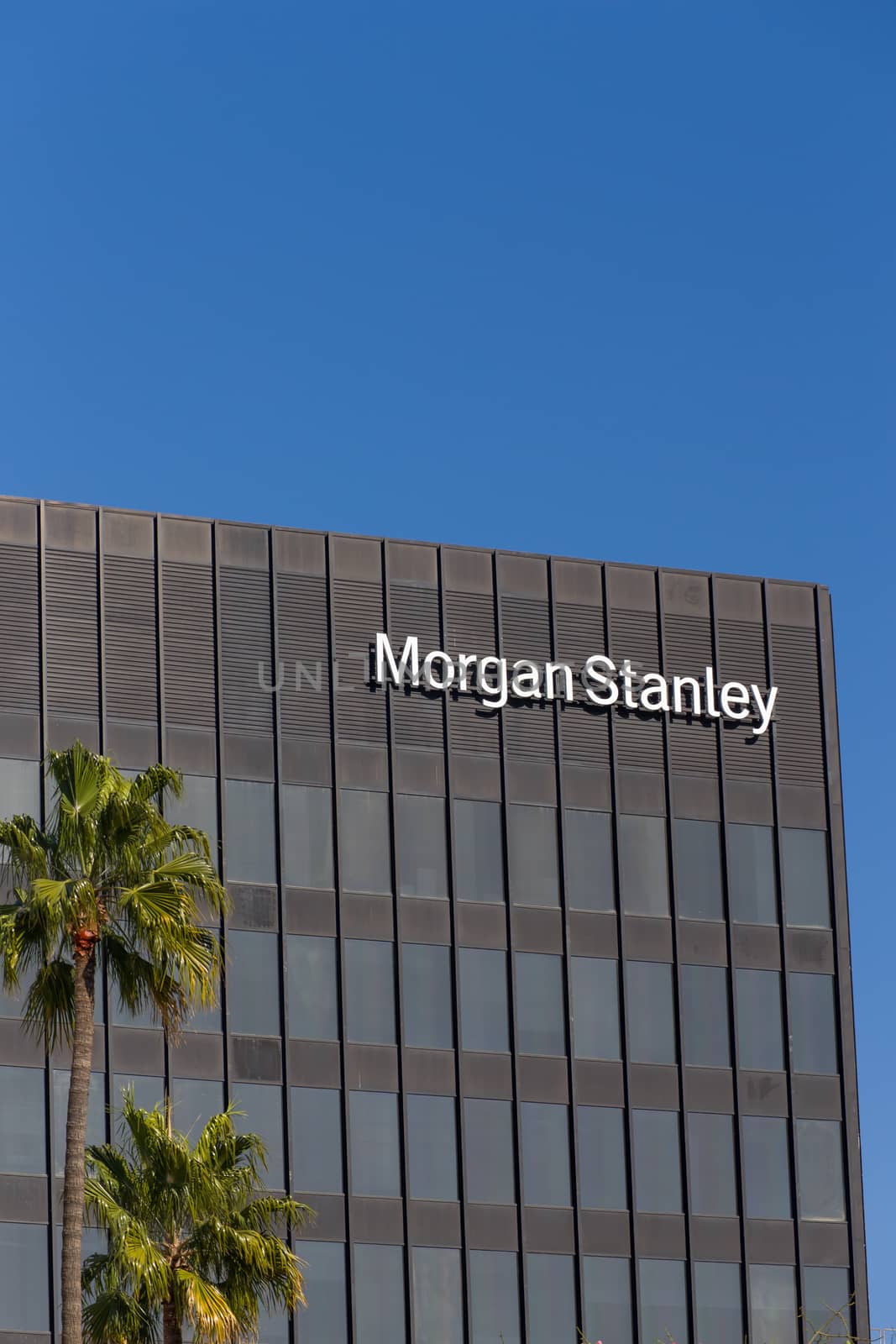LOS ANGELES, CA/USA - NOVEMBER 11, 2015: Morgan Stanely building and logo. Morgan Stanley is an American multinational financial services corporation.