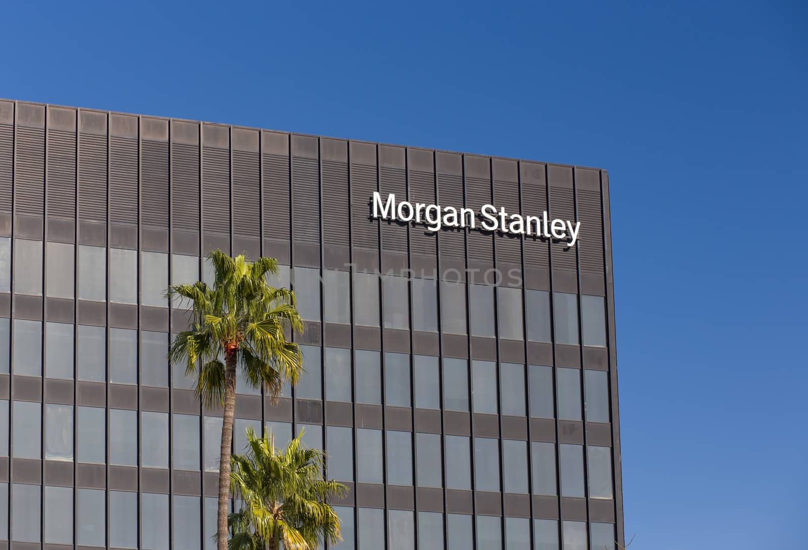 LOS ANGELES, CA/USA - NOVEMBER 11, 2015: Morgan Stanely building and logo. Morgan Stanley is an American multinational financial services corporation.