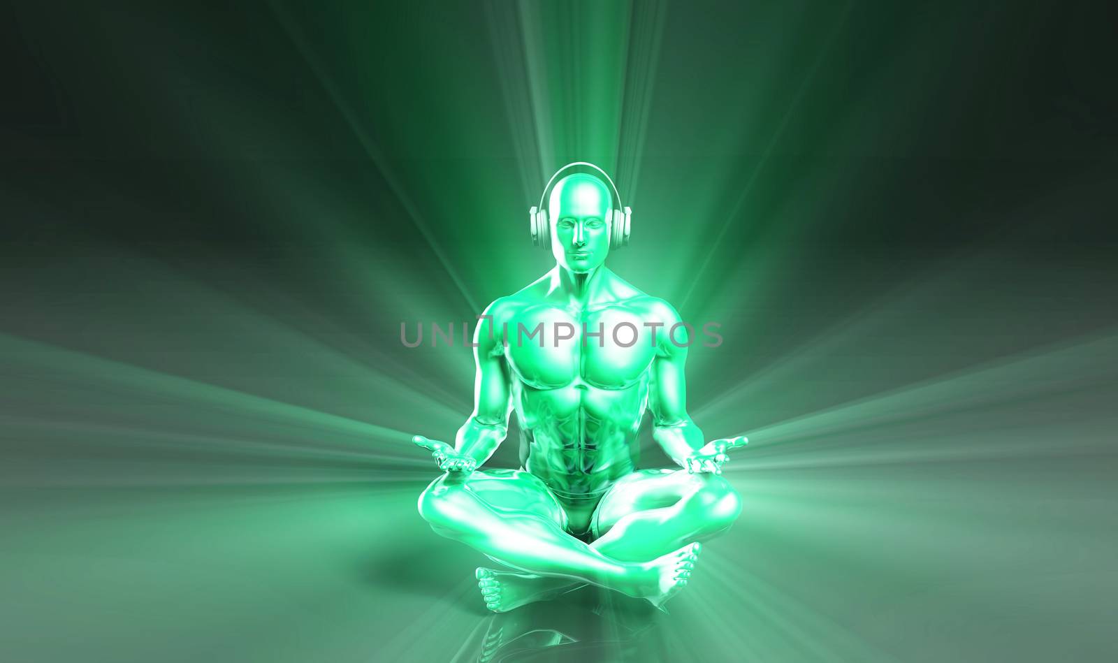Man Listening to Music Meditating in Earphones 3d
