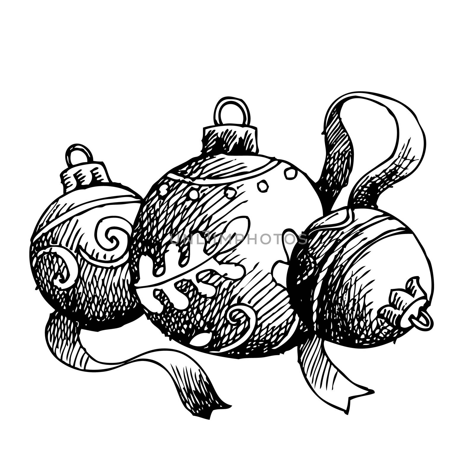 Freehand illustration of grunge Christmas balls on white background, doodle hand drawn