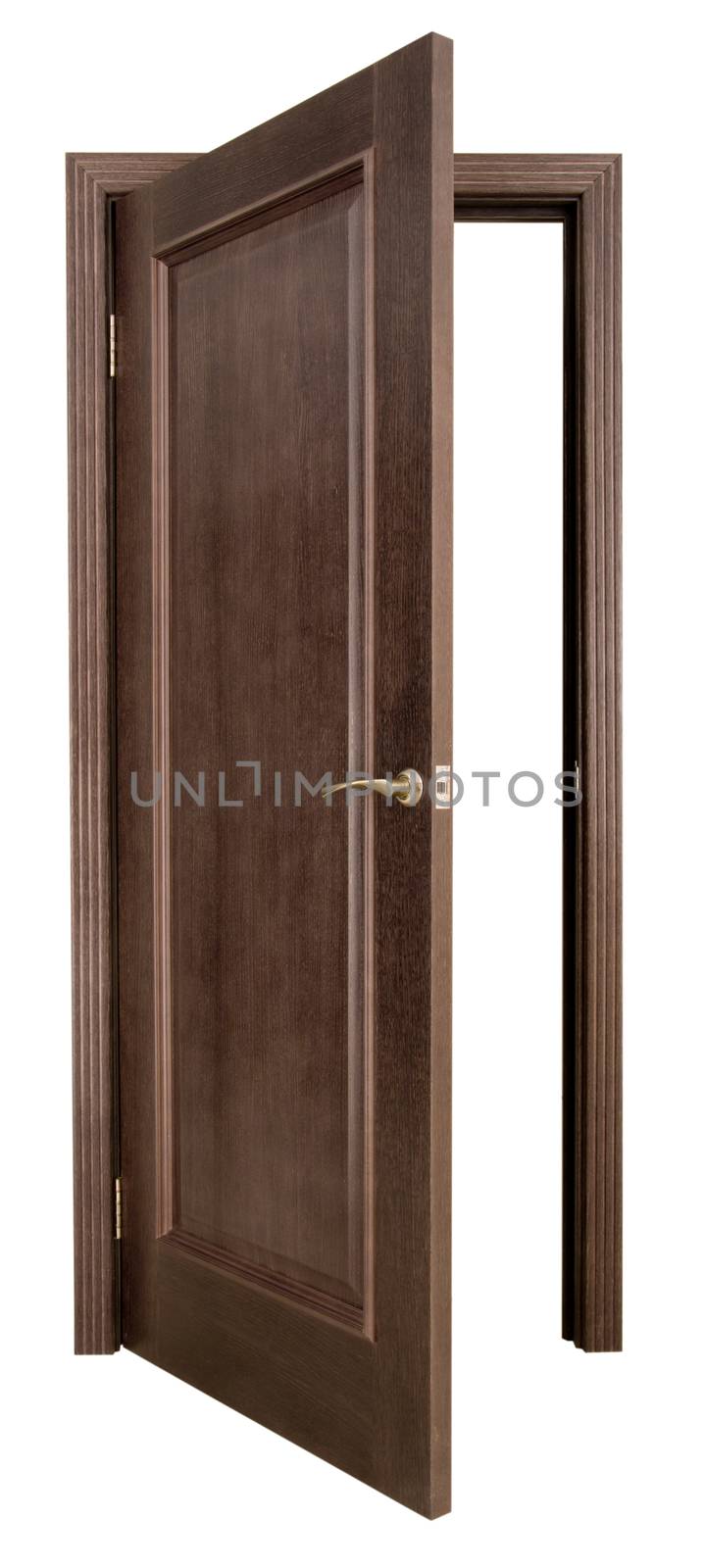 Open wooden door on a white background