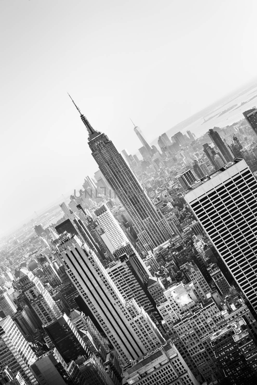 New York City. Manhattan downtown skyline with illuminated Empire State Building and skyscrapers at sunset. Vertical composition. Black and white image.