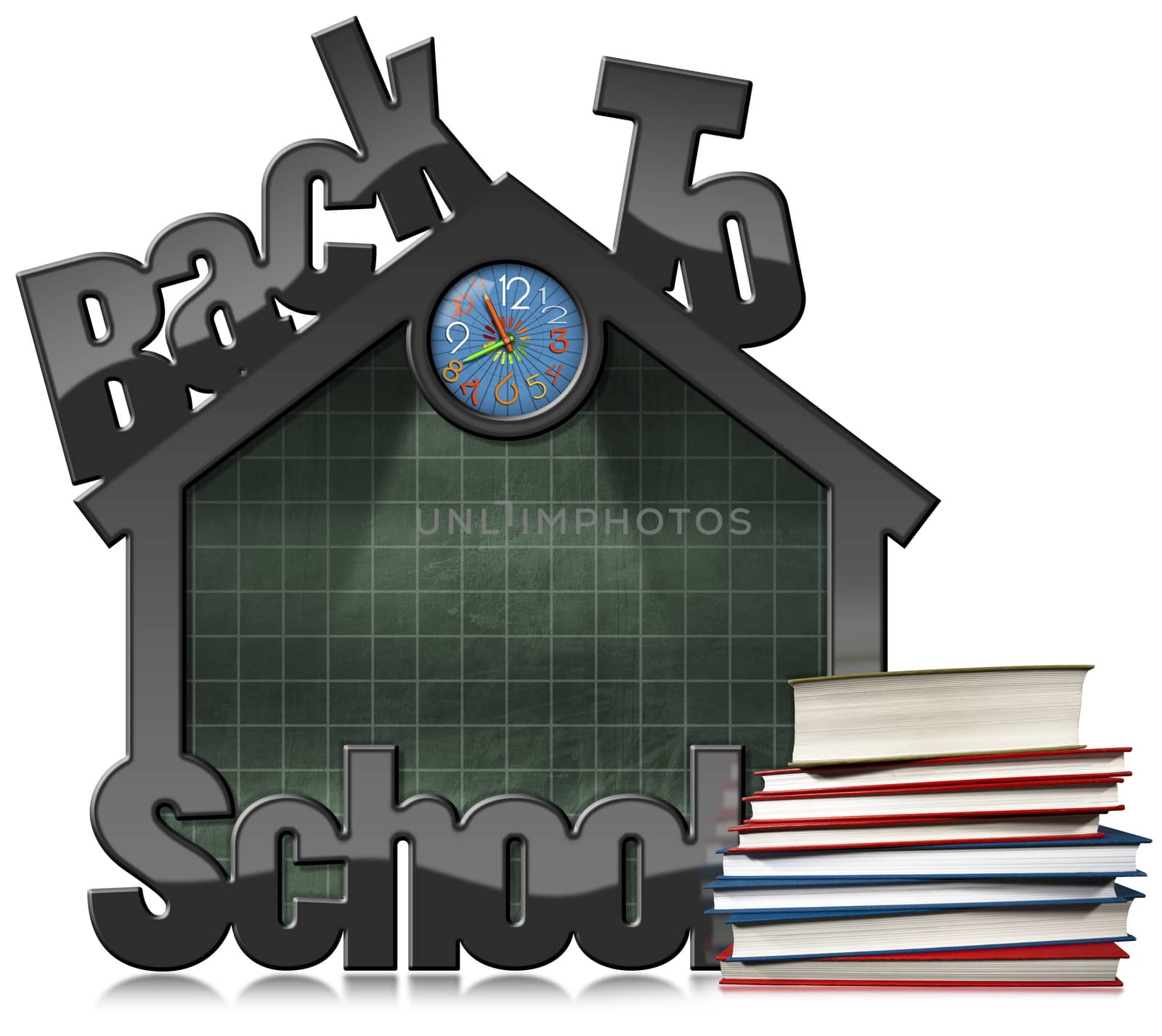 Empty blackboard with frame in the shape of school building with text Back to school, a stack of books and colorful clock