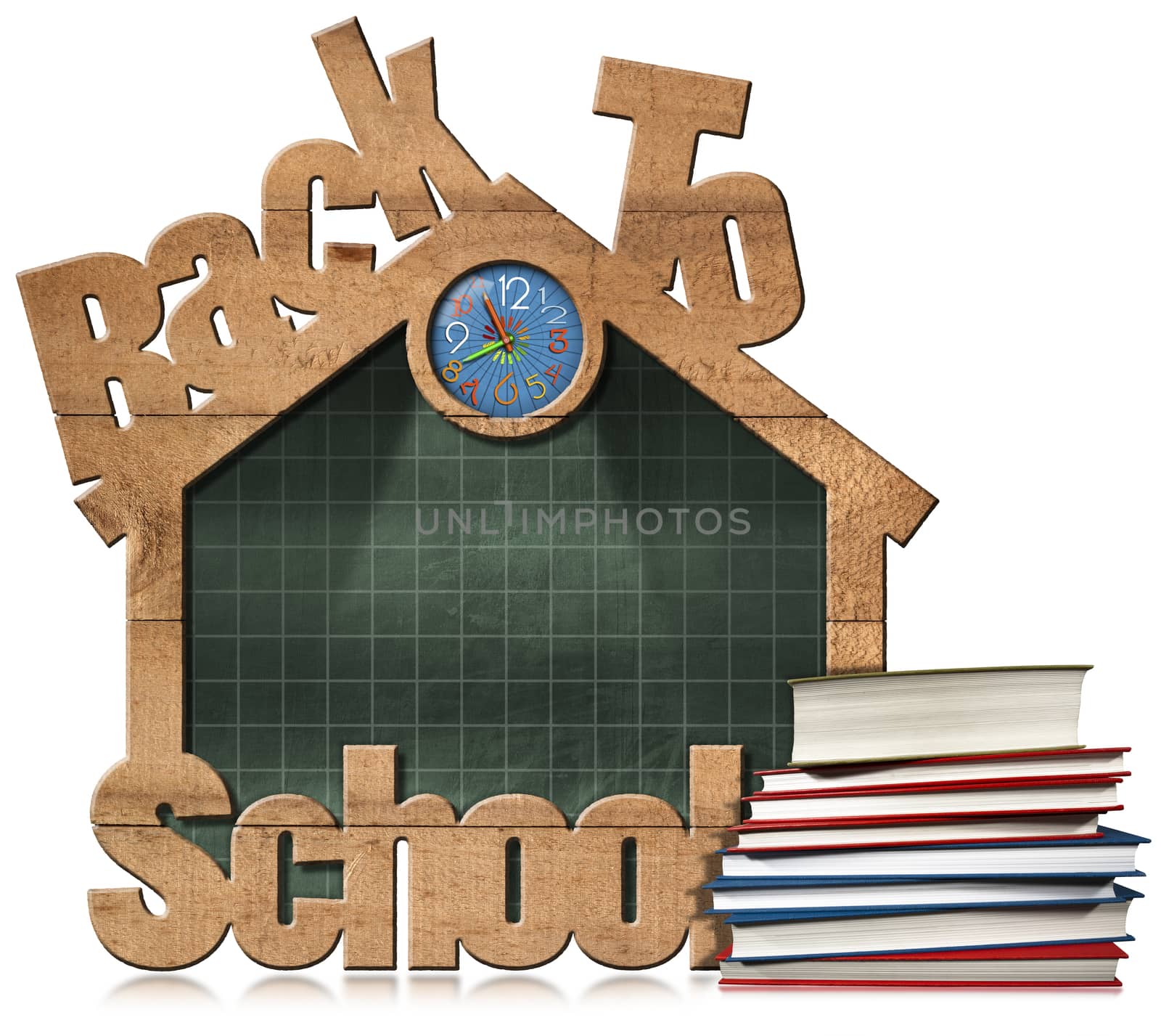 Empty blackboard with wooden frame in the shape of school building with text Back to school, a stack of books and colorful clock
