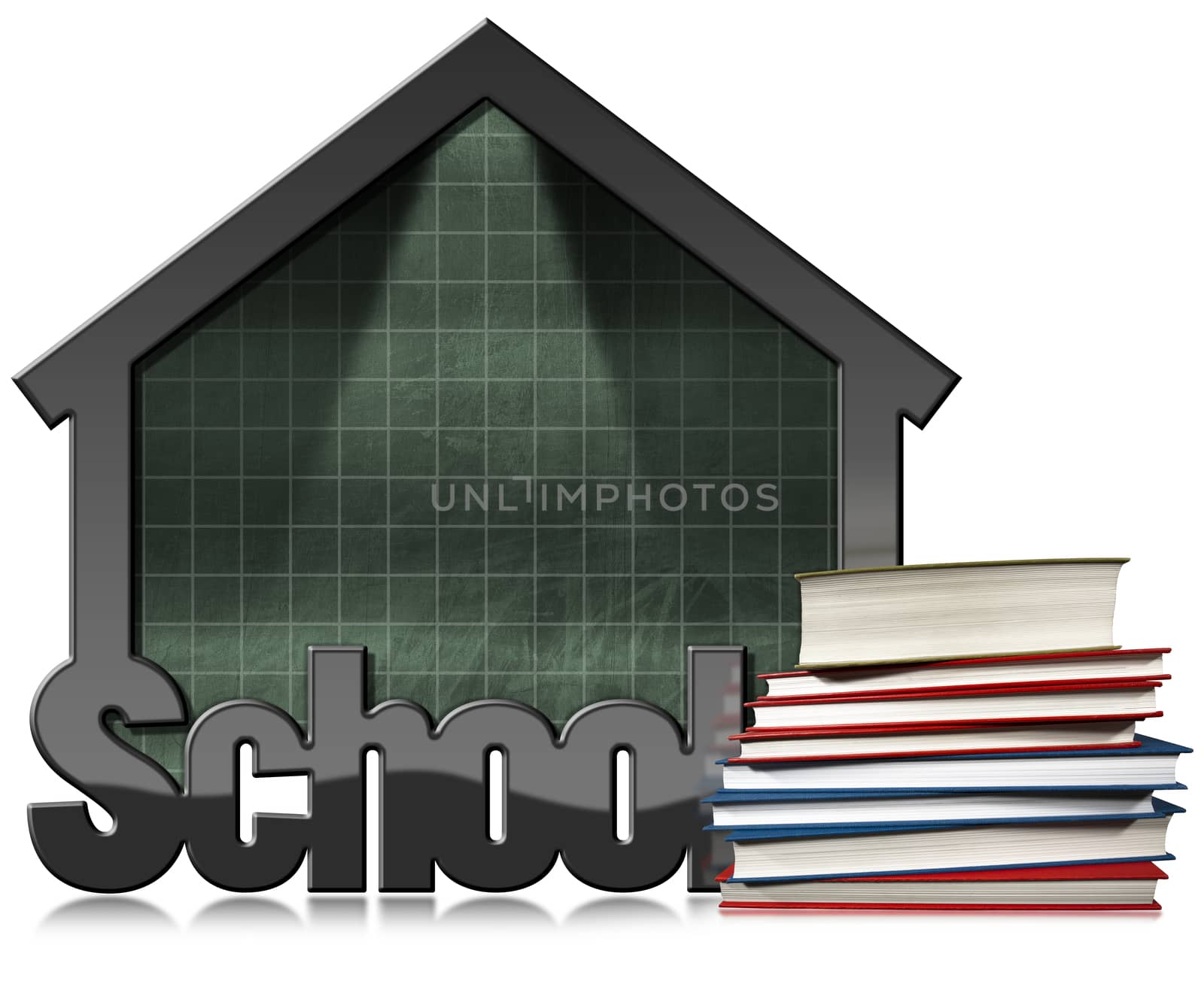Empty and green blackboard with black frame in the shape of school building with a stack of books. Isolated on white background