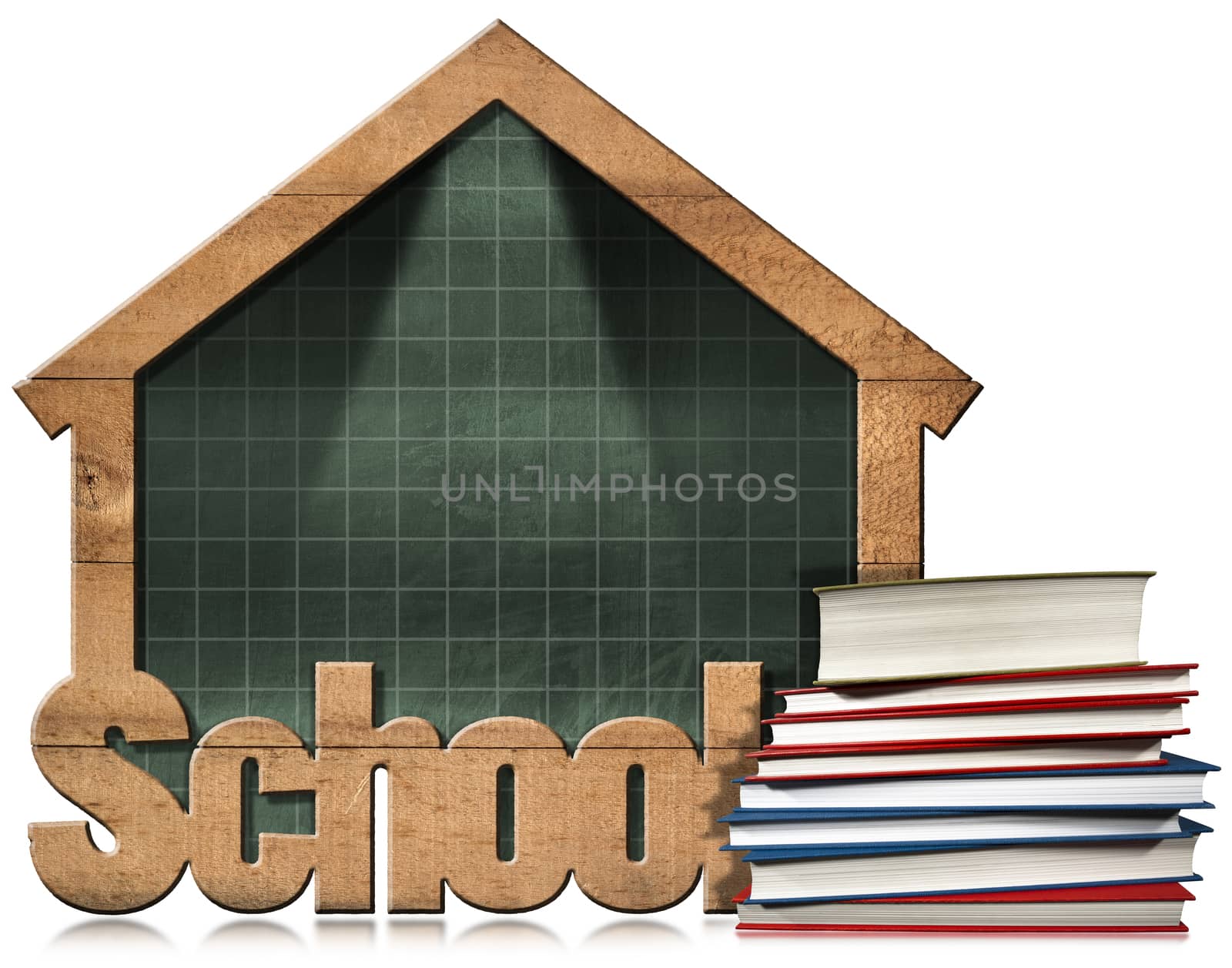 Empty and green blackboard with wooden frame in the shape of school building with a stack of books. Isolated on white background