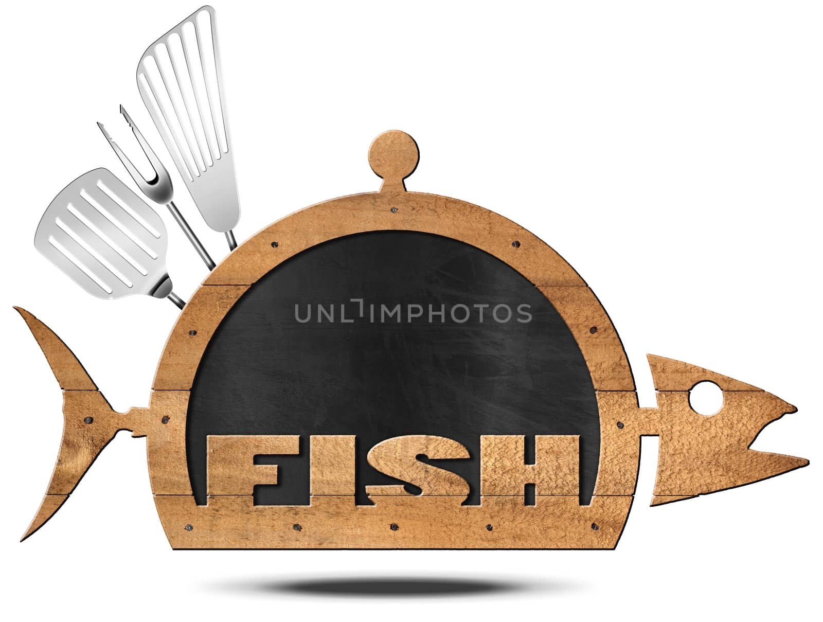 Blackboard with wooden frame in the shape of fish and serving dome with kitchen utensils, empty label and text Fish. Isolated on white