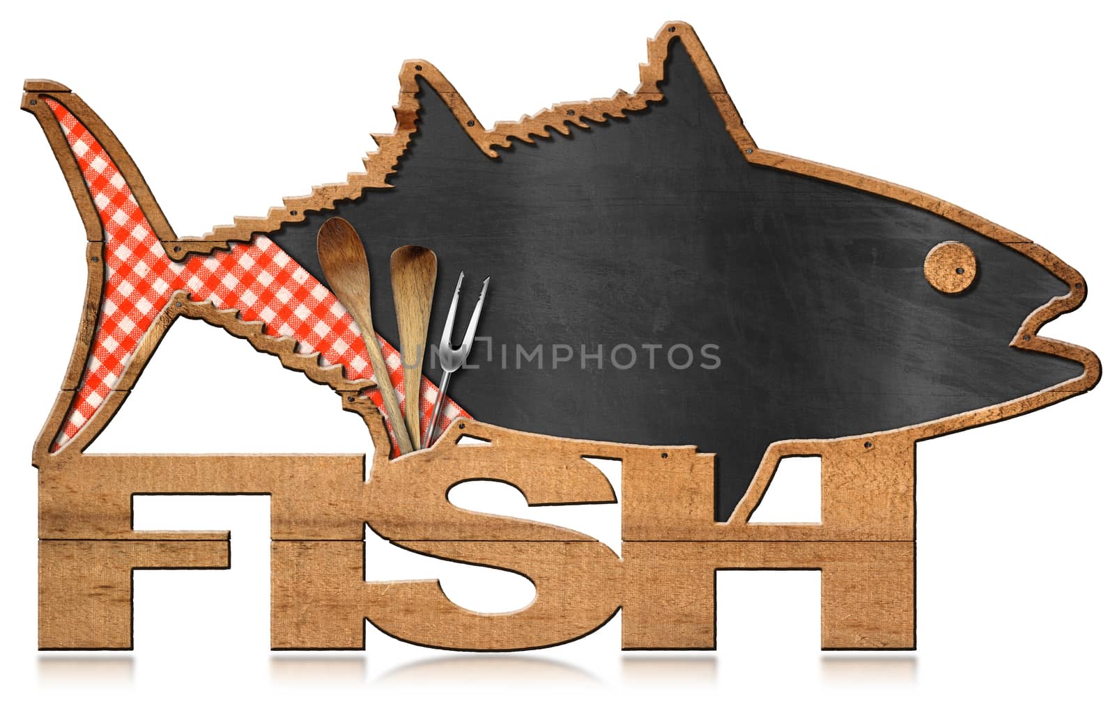 Blackboard with wooden frame in the shape of fish with text Fish, checkered tablecloth and kitchen utensils. Isolated on white background