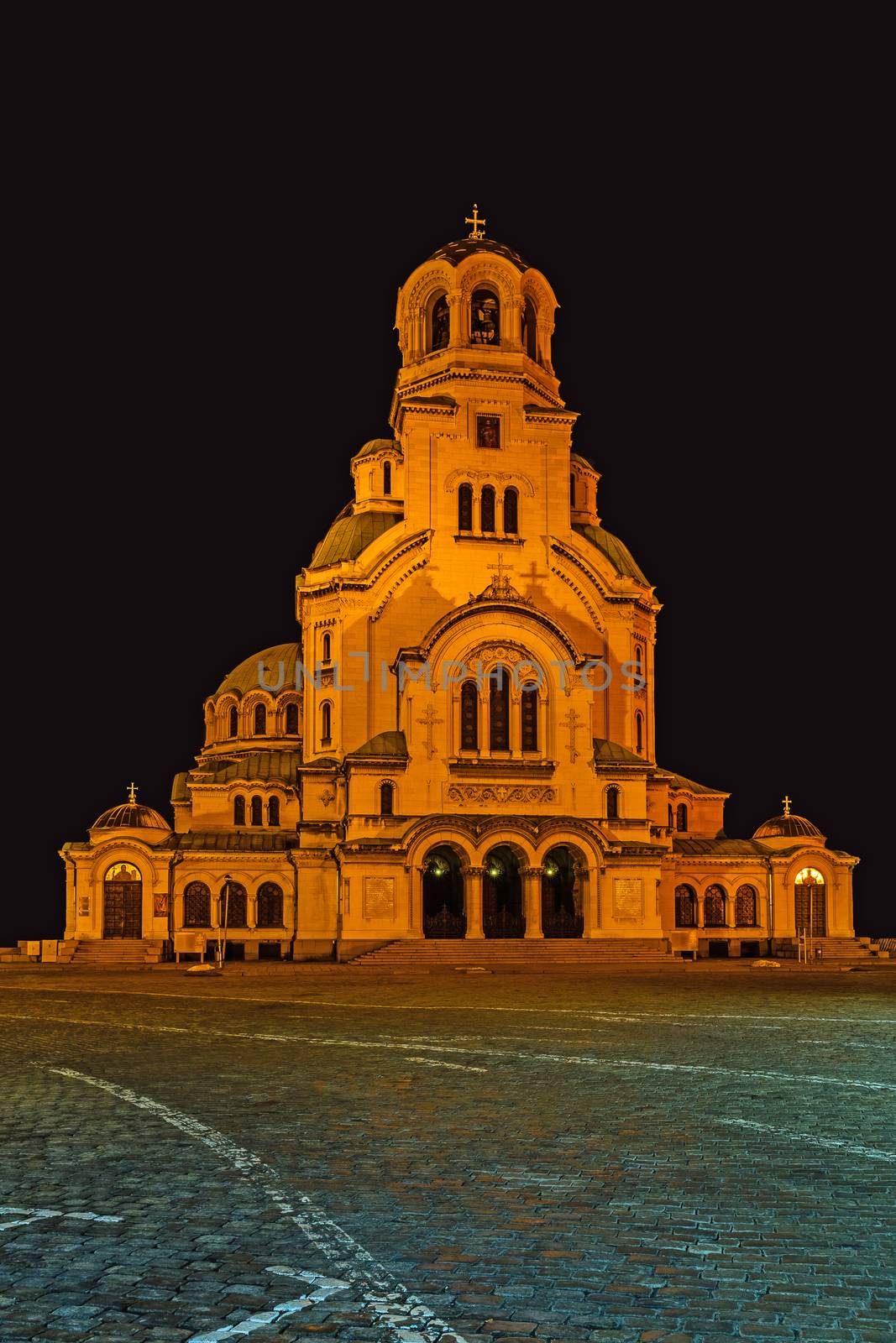 Night view of St. Alexander Nevsky Orthodox Cathedral, Sofia, Bulgaria.