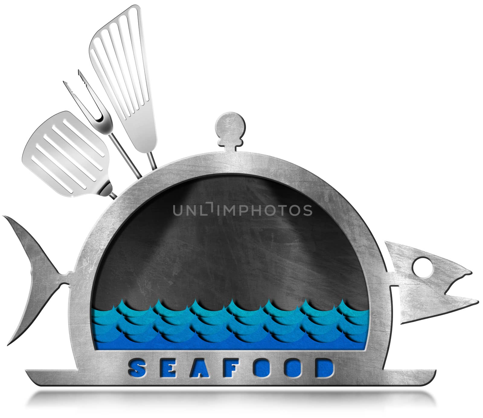 Blackboard with steel frame in the shape of fish and serving dome with kitchen utensils, text Seafood and sea waves. Isolated on white background