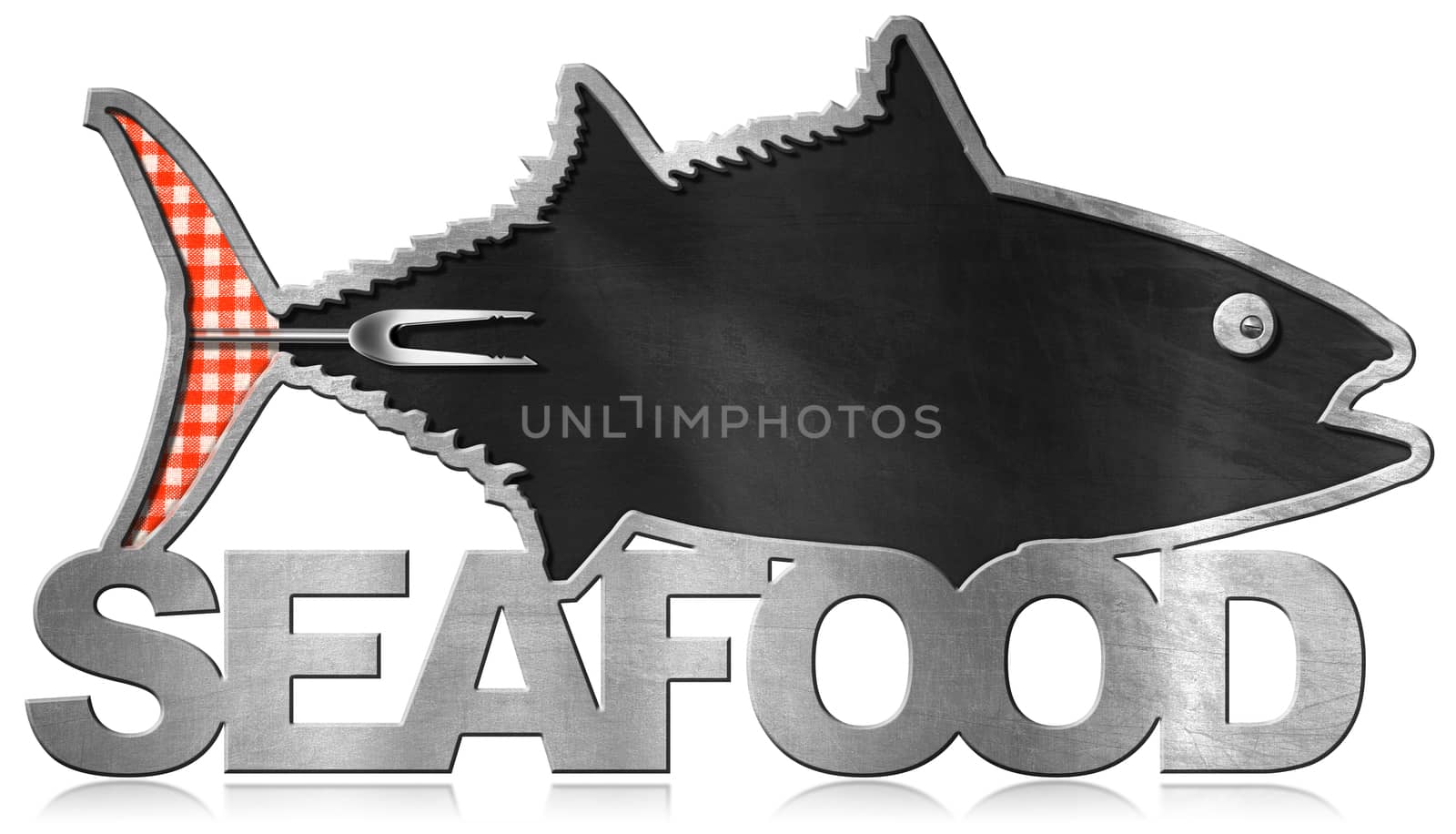 Blackboard with metal frame in the shape of fish with text Seafood, checkered tablecloth and fork. Isolated on white background