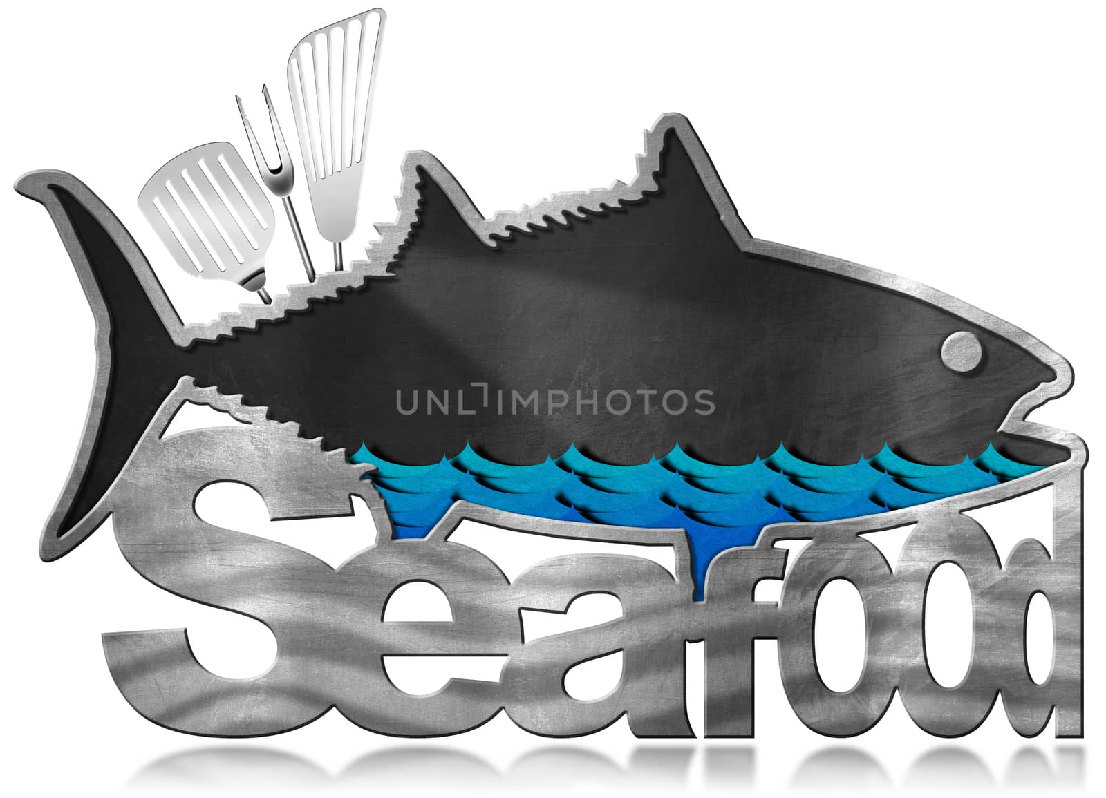 Blackboard with metal frame in the shape of fish with text Seafood, kitchen utensils and blue sea waves. Isolated on white background