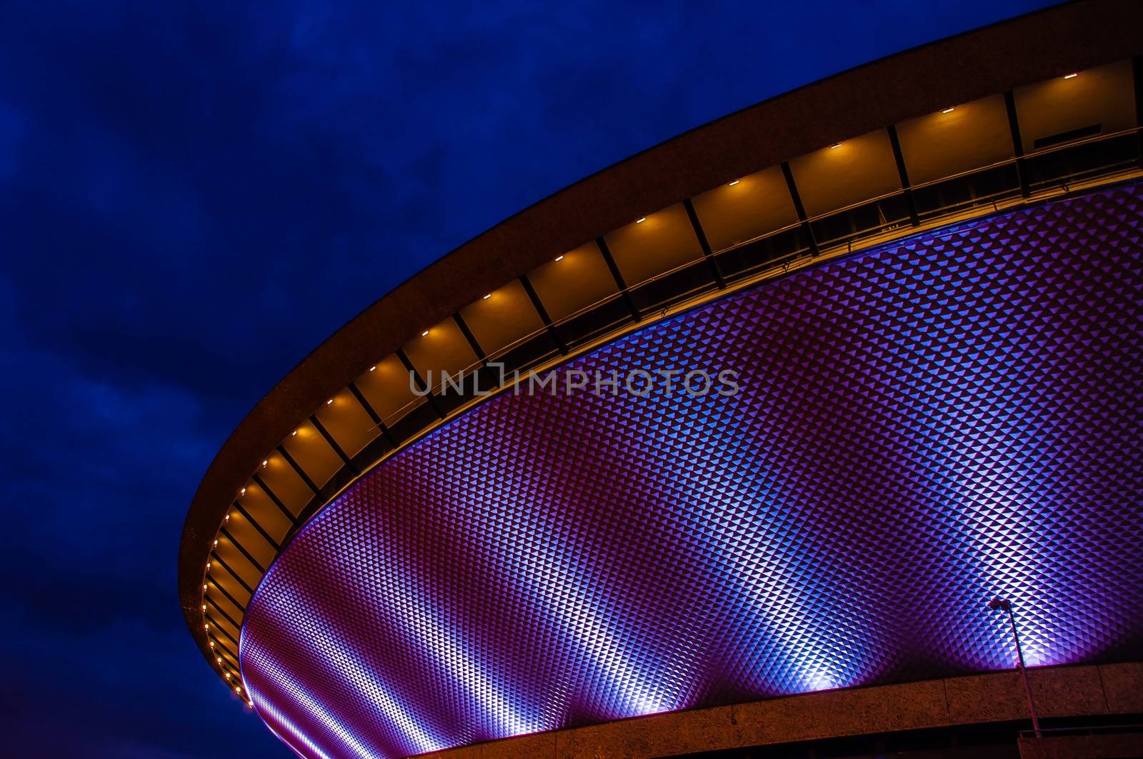 Night view of the futuristic sports hall on August 12, 2012 in Katowice. Built in the shape of a flying saucer in the early seventies of the 20th century.