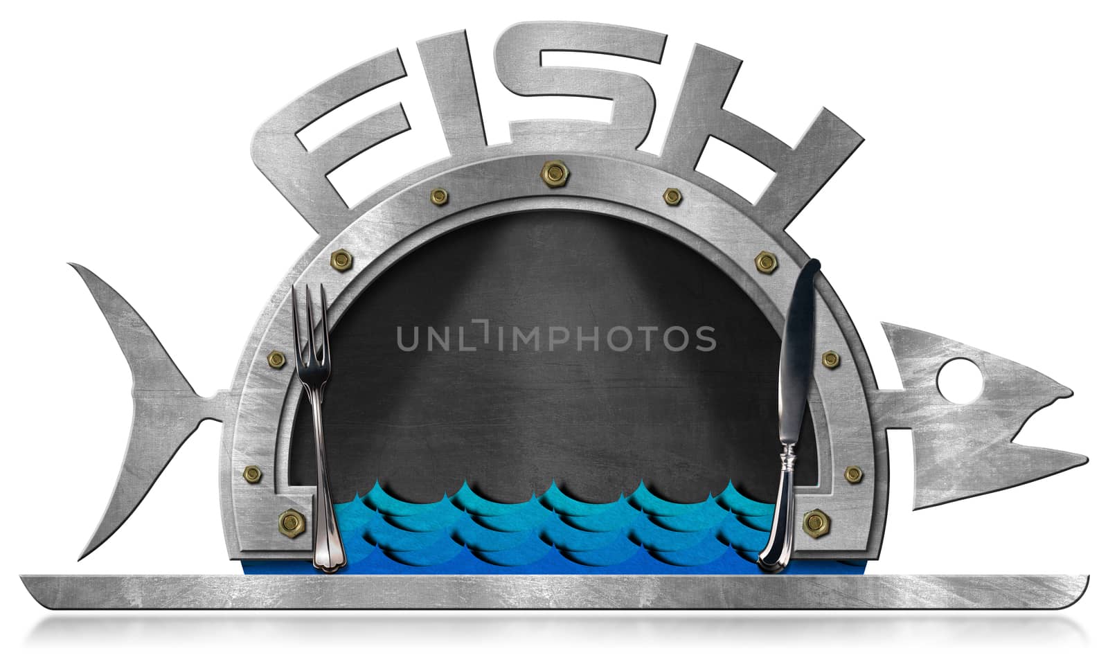 Blackboard with steel frame in the shape of fish and serving dome with silver cutlery, sea waves and text Fish. Isolated on white background