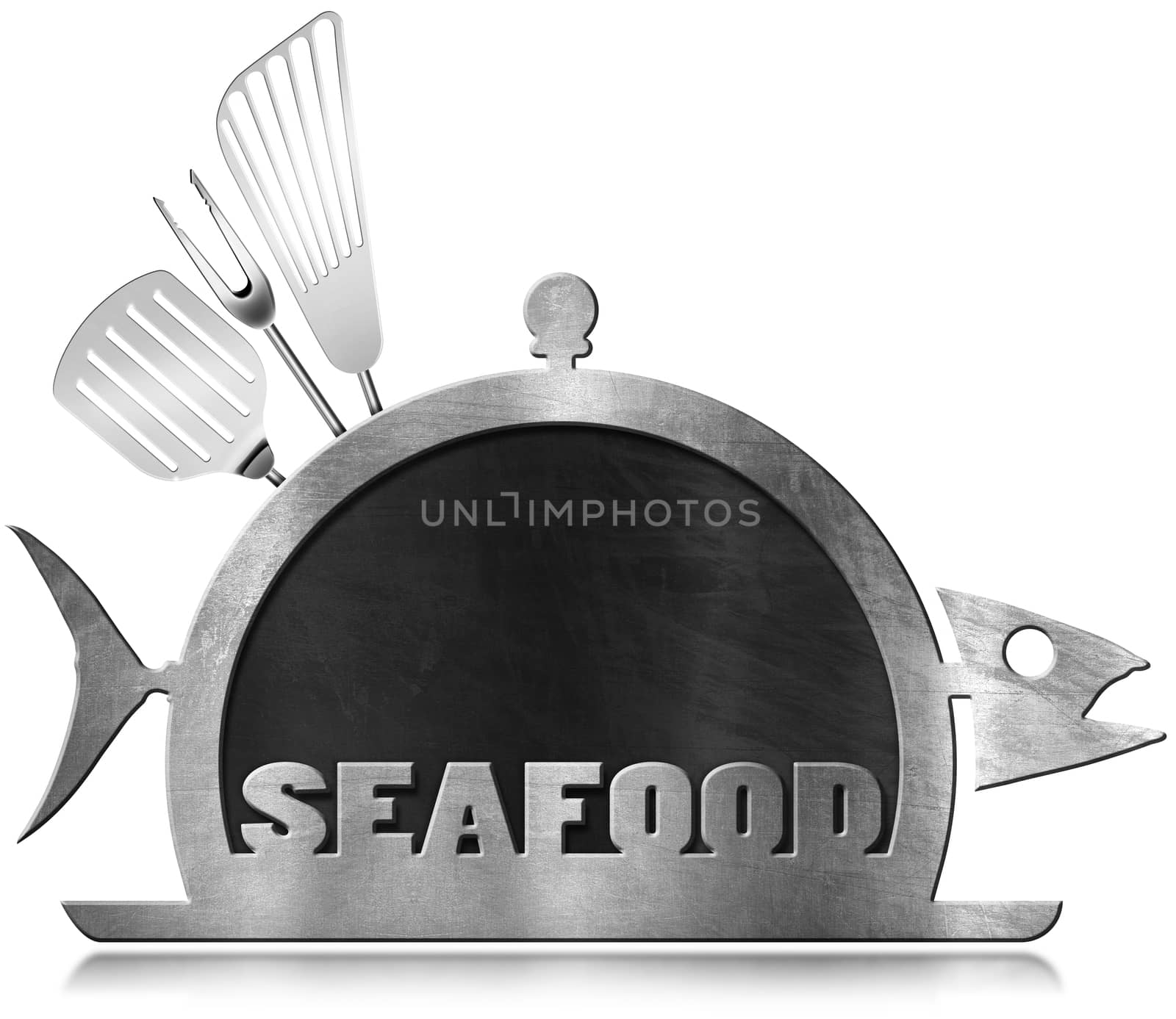Blackboard with steel frame in the shape of fish and serving dome with kitchen utensils and text Seafood. Isolated on white background