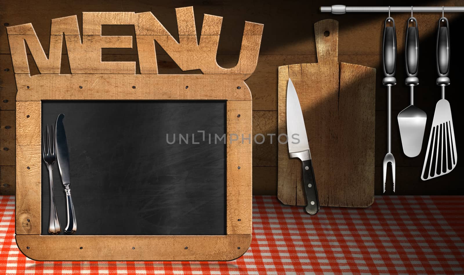 Old empty blackboard with wooden rectangular frame and text Menu in the kitchen with utensils. Template for recipes or food menu