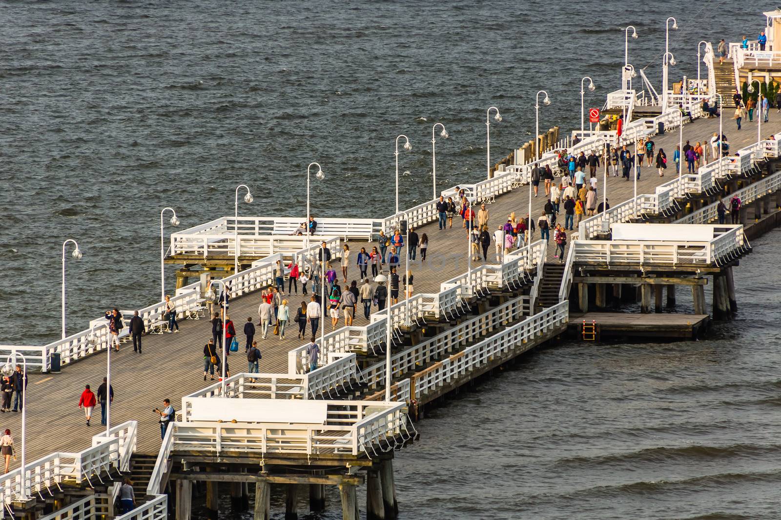 Aerial view on the wooden pier in  Sopot and the marina, taken on July 13, 2013. The pier in Sopot built in 1827, at  511m remains the longest wooden pier in Europe.