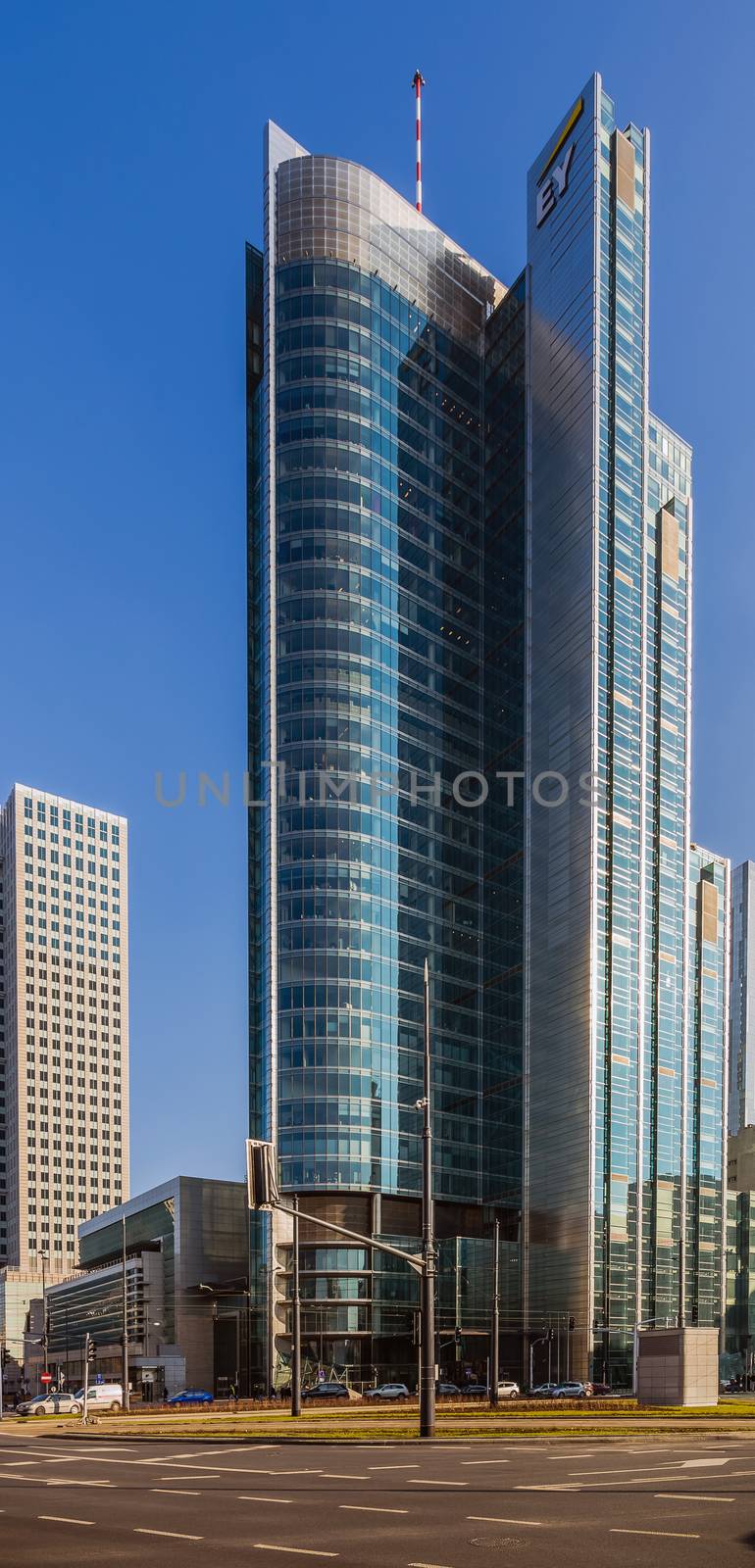 Rondo ONZ Tower, office building in Warsaw. Designed by Skidmore, Owings and Merrill, the same firm that created Burj Khalifa in Dubai the tallest structure in the world.